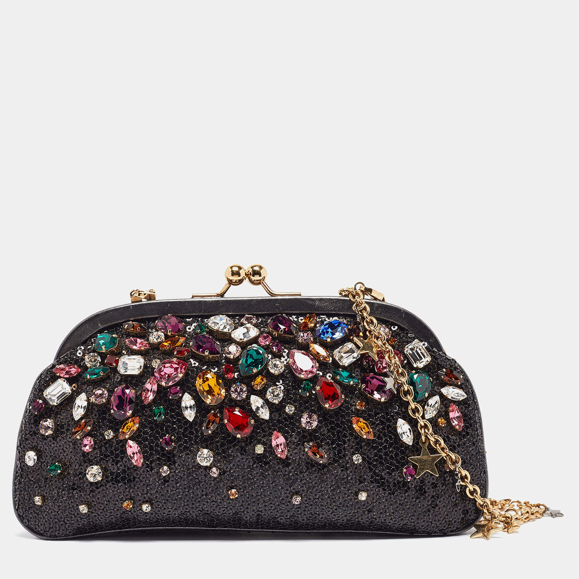 Pre Owned Dolce & Gabbana Black/Grey Leather and Sequins Crystals Embellished Frame Chain Clutch