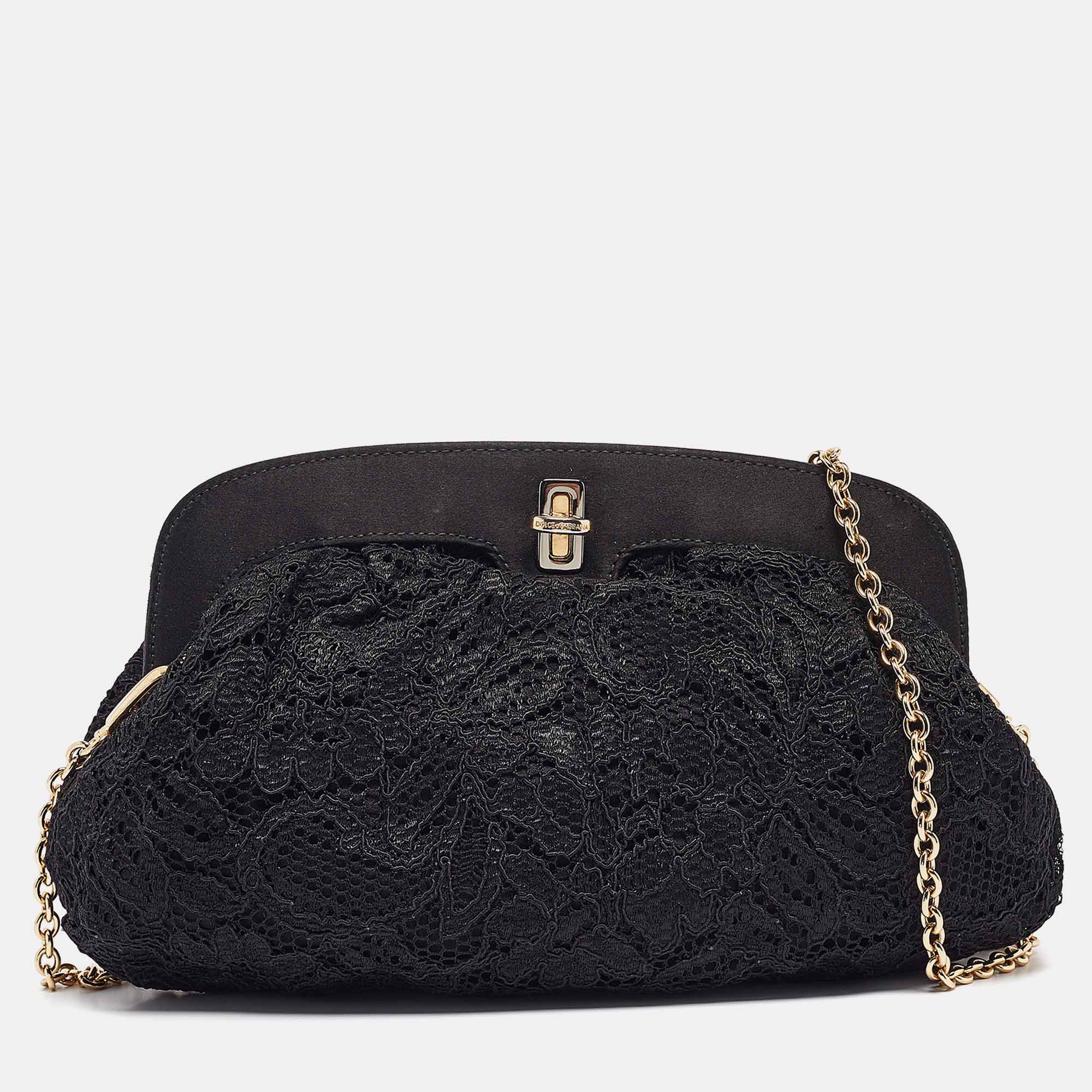 Dolce & Gabbana Black Lace and Satin Turnlock Frame Chain Clutch