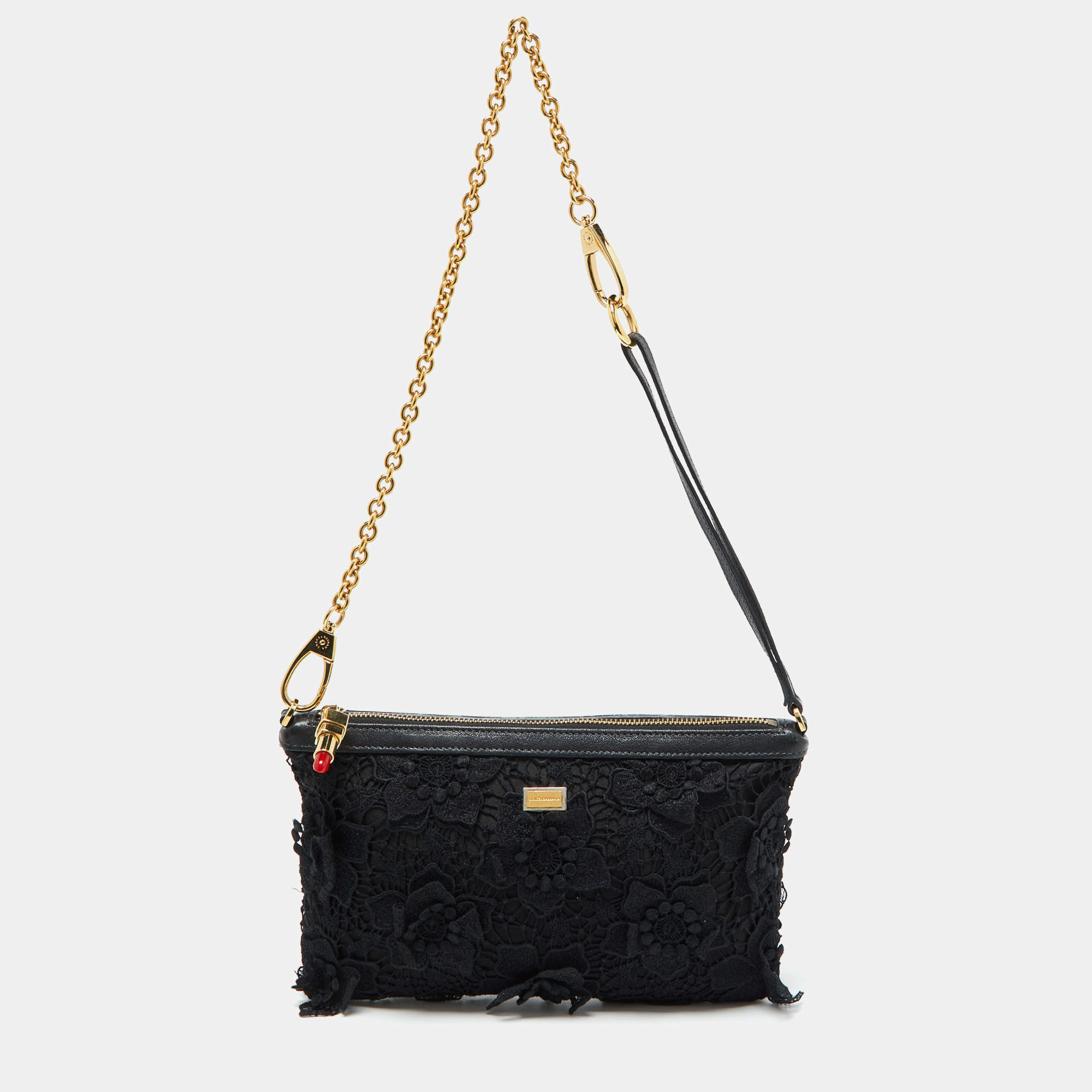 Dolce & Gabbana Black Lace and Leather Shoulder Bag Dolce