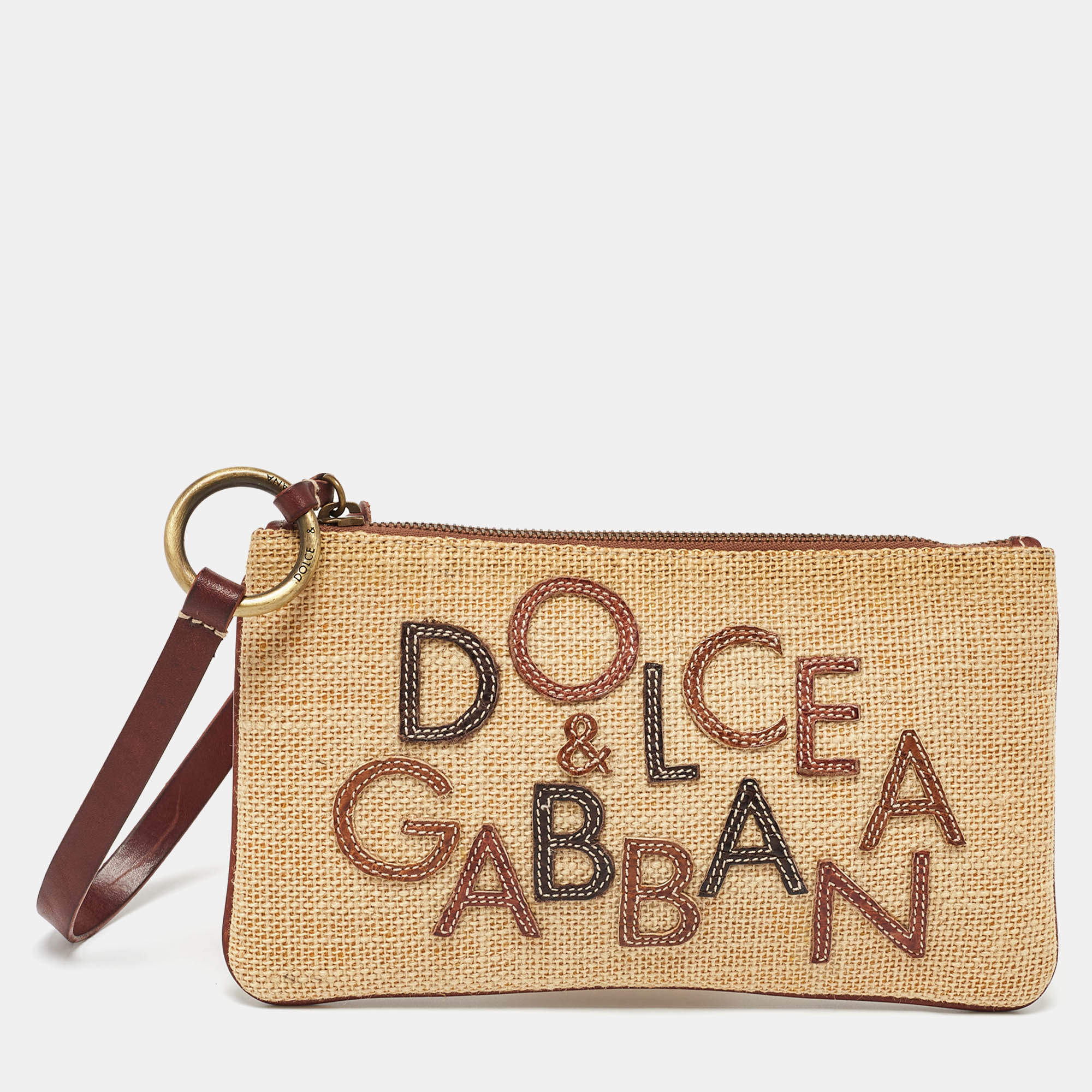 Pre Owned Dolce & Gabbana Beige/Brown Raffia and Leather Wristlet Clutch