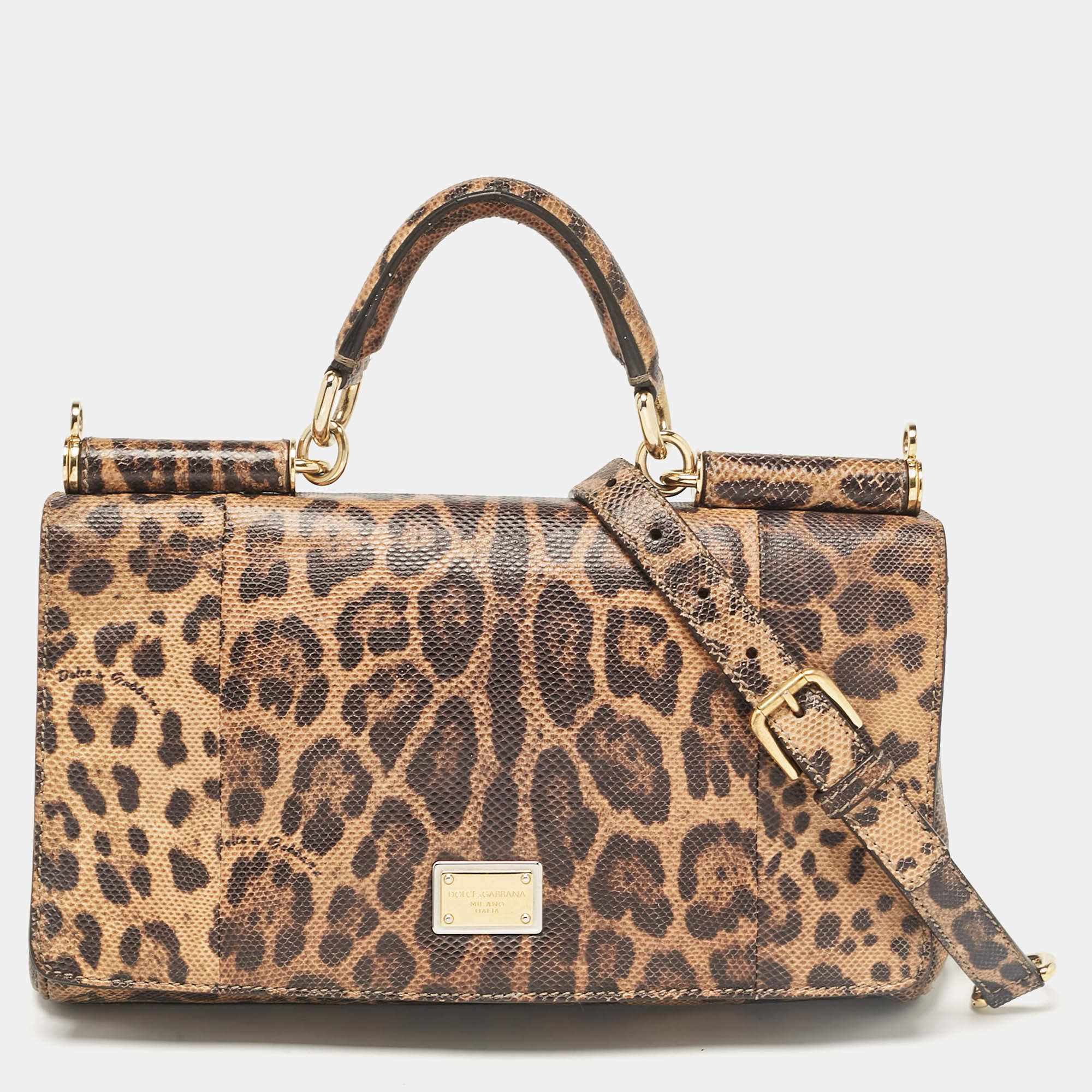 Pre Owned Dolce & Gabbana Brown Leopard Print Lizard Leather Top Handle Bag