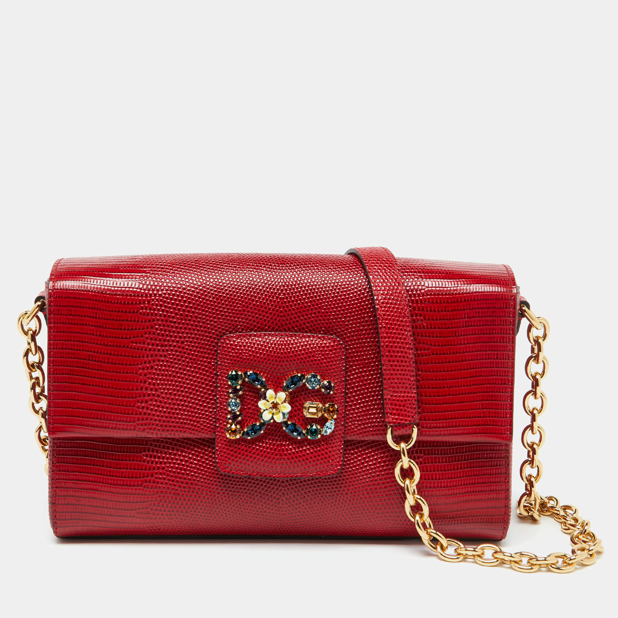Pre Owned Dolce & Gabbana Red Lizard Embossed Leather DG Millennials Shoulder Bag