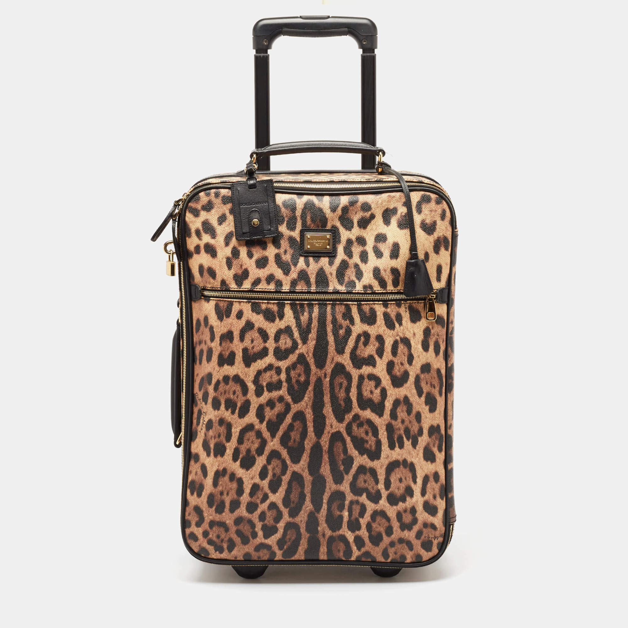 Pre Owned Dolce & Gabbana Brown Leopard Print Coated Canvas Trolley Luggage
