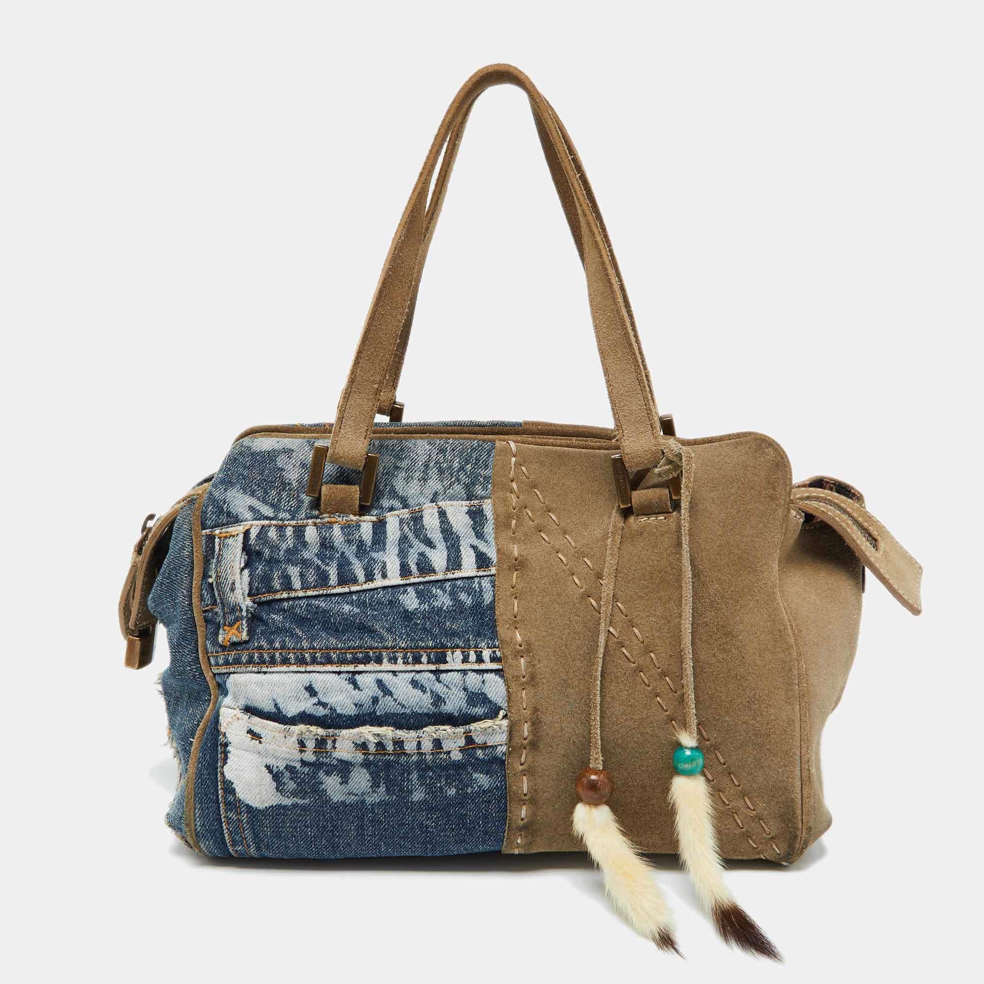 Pre Owned Dolce & Gabbana Blue/Beige Denim and Suede Satchel