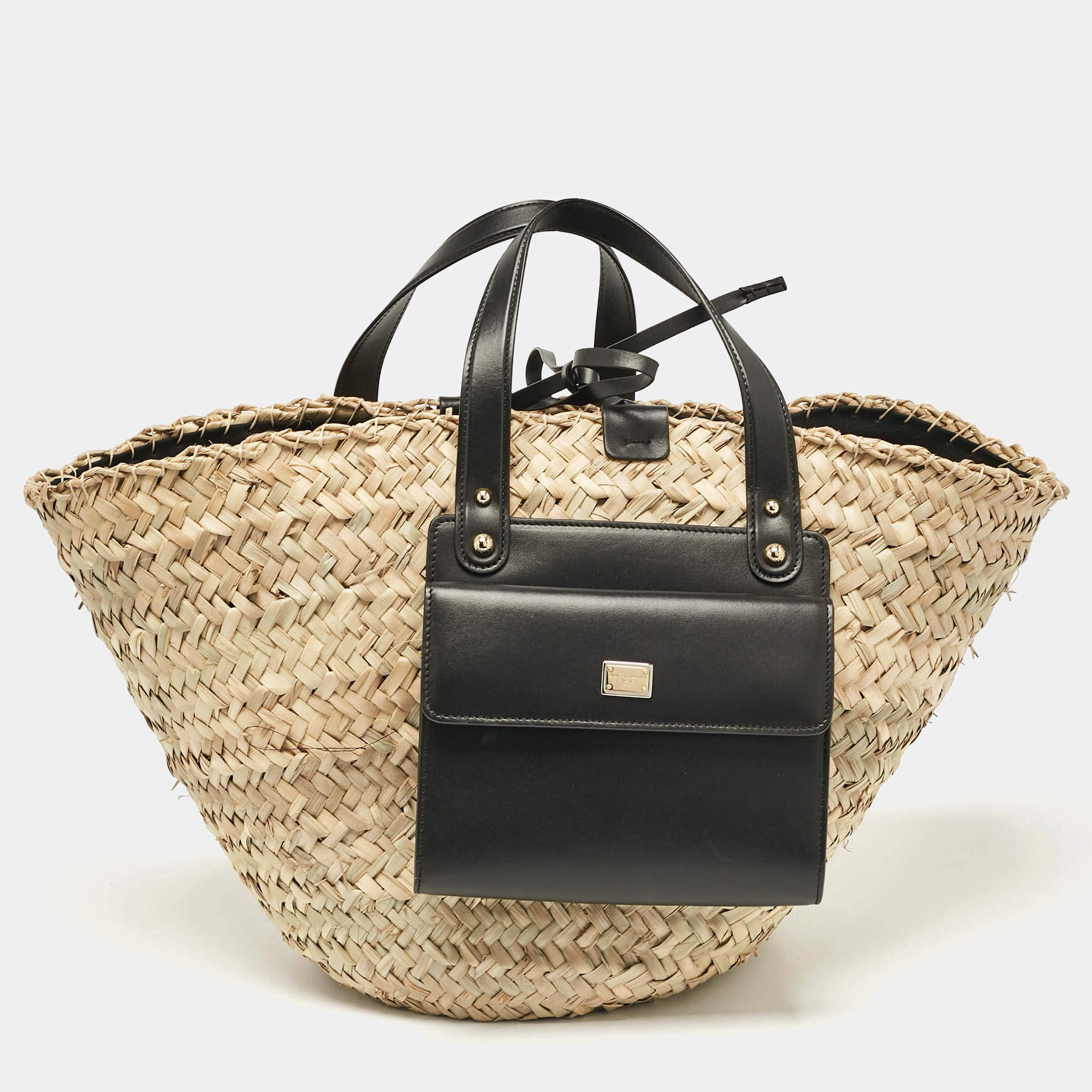 Pre Owned Dolce & Gabbana Natural/Black Raffia Kendra Basket Tote