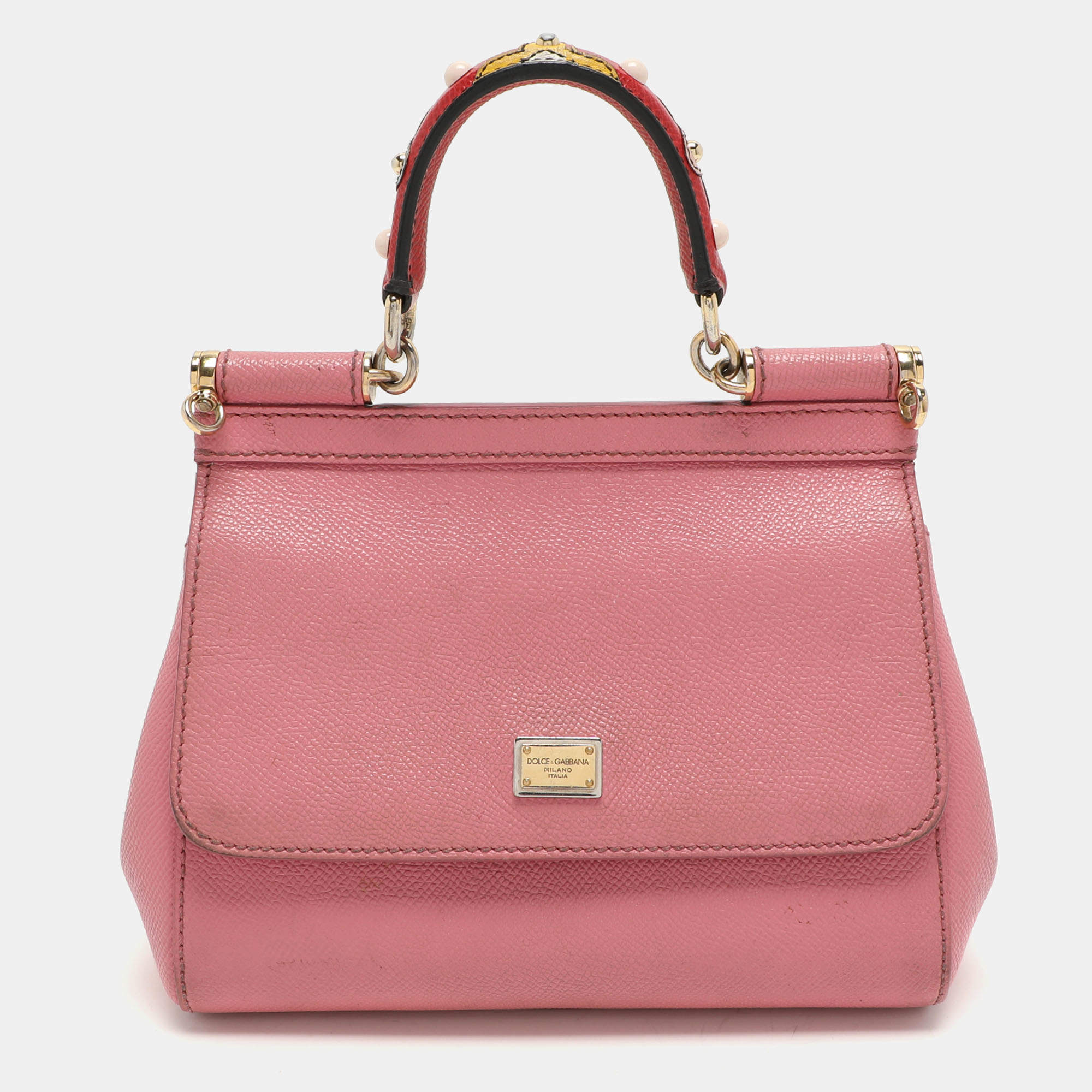 Pre Owned Dolce & Gabbana Pink Leather Small Miss Sicily Top Handle Bag