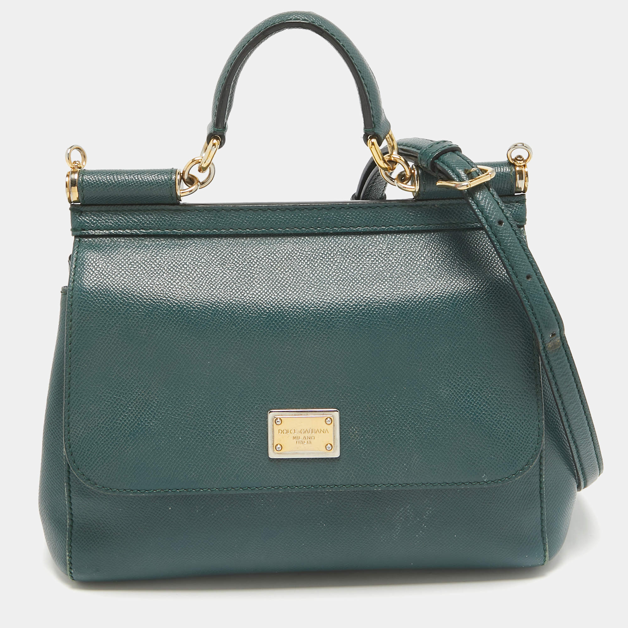 Pre Owned Dolce & Gabbana Dark Green Leather Medium Miss Sicily Top Handle Bag