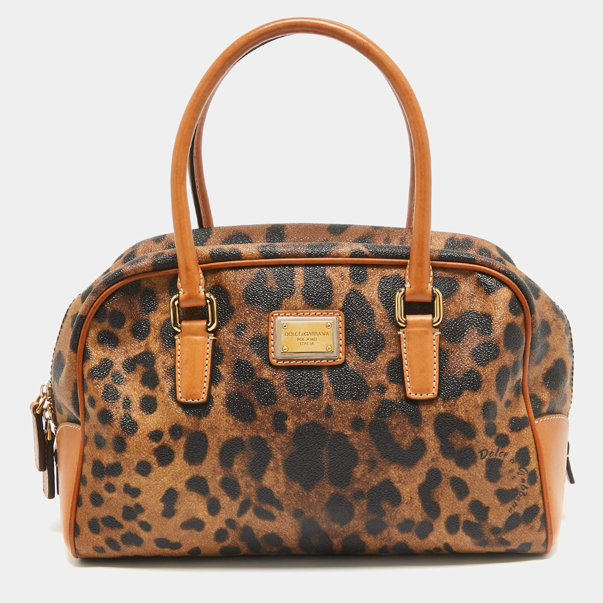 Pre Owned Dolce & Gabbana Brown/Black Leopard Coated Canvas and Leather Logo Satchel