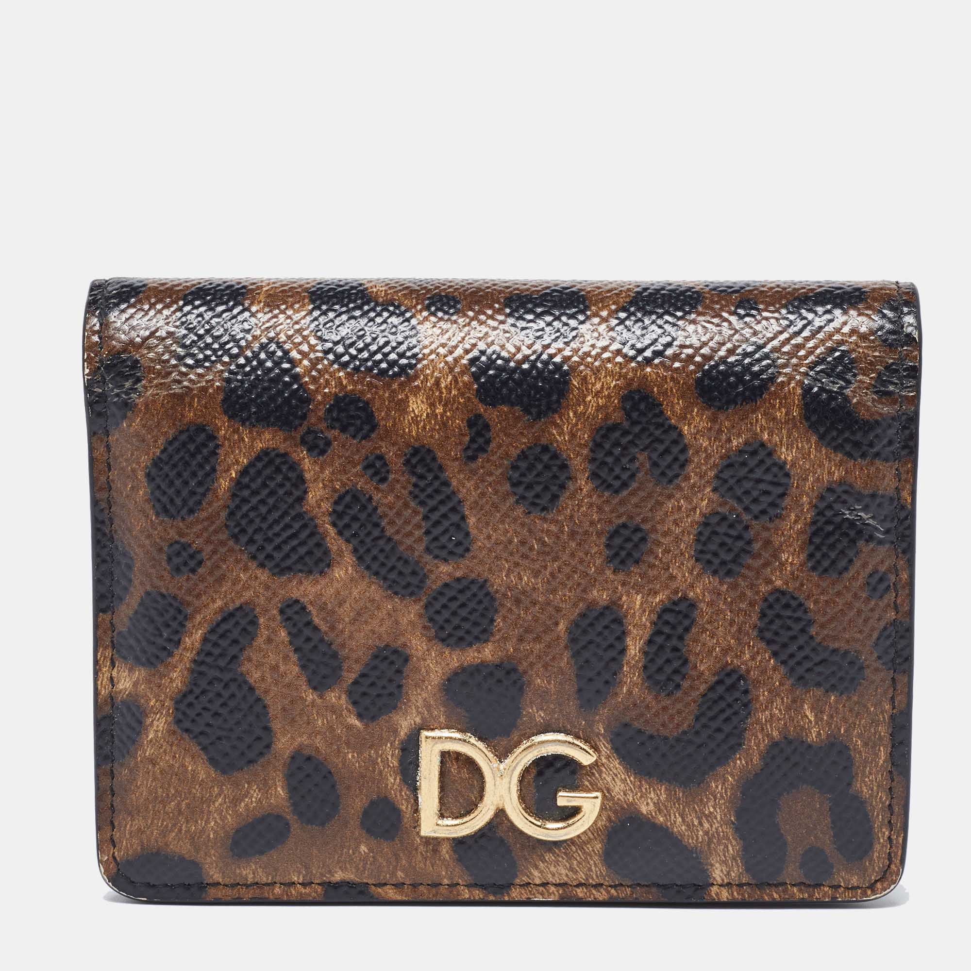 Dolce & Gabbana Brown Leopard Print Leather DG Logo Compact Wallet