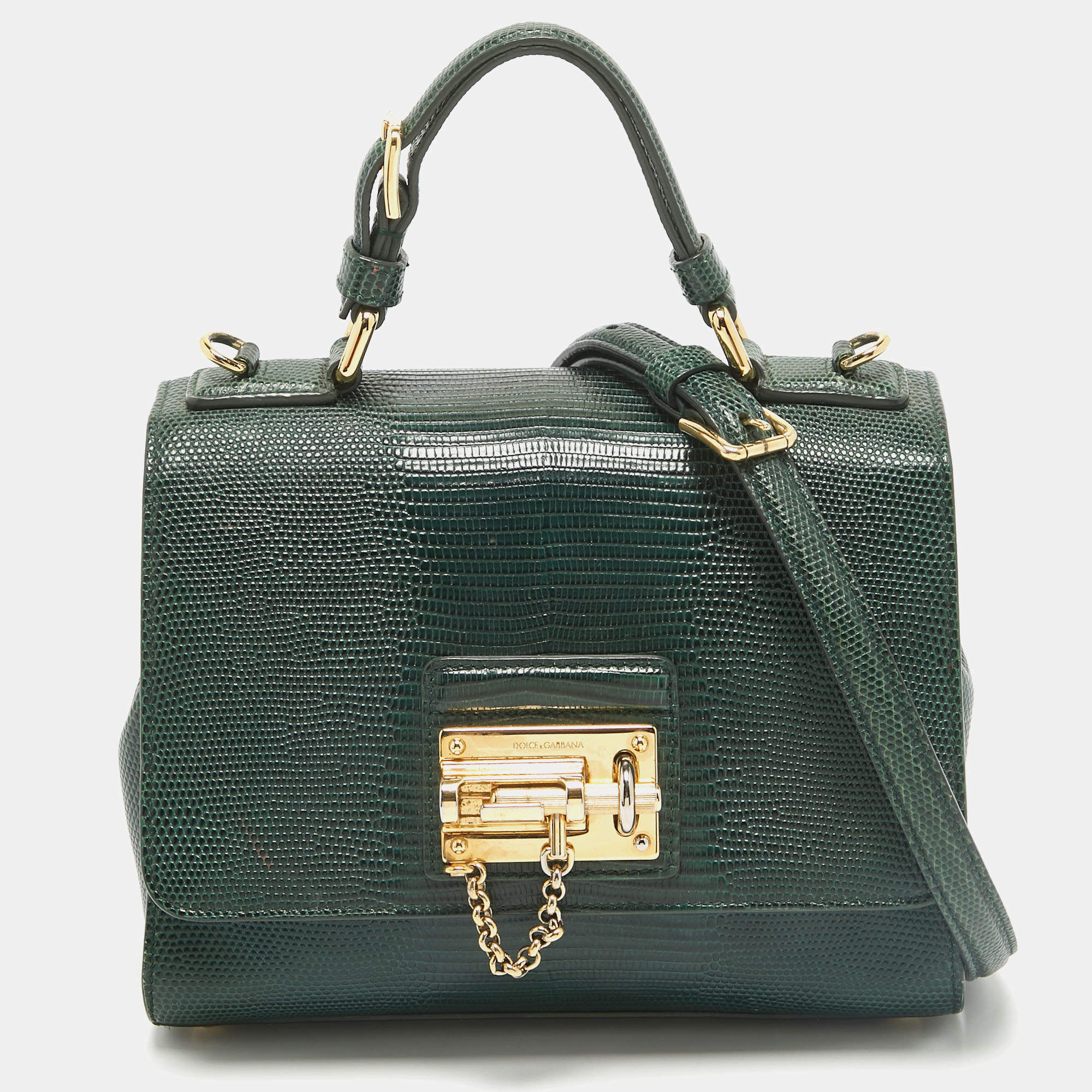 Pre Owned Dolce & Gabbana Green Lizard Embossed Leather Small Miss Monica Top Handle Bag