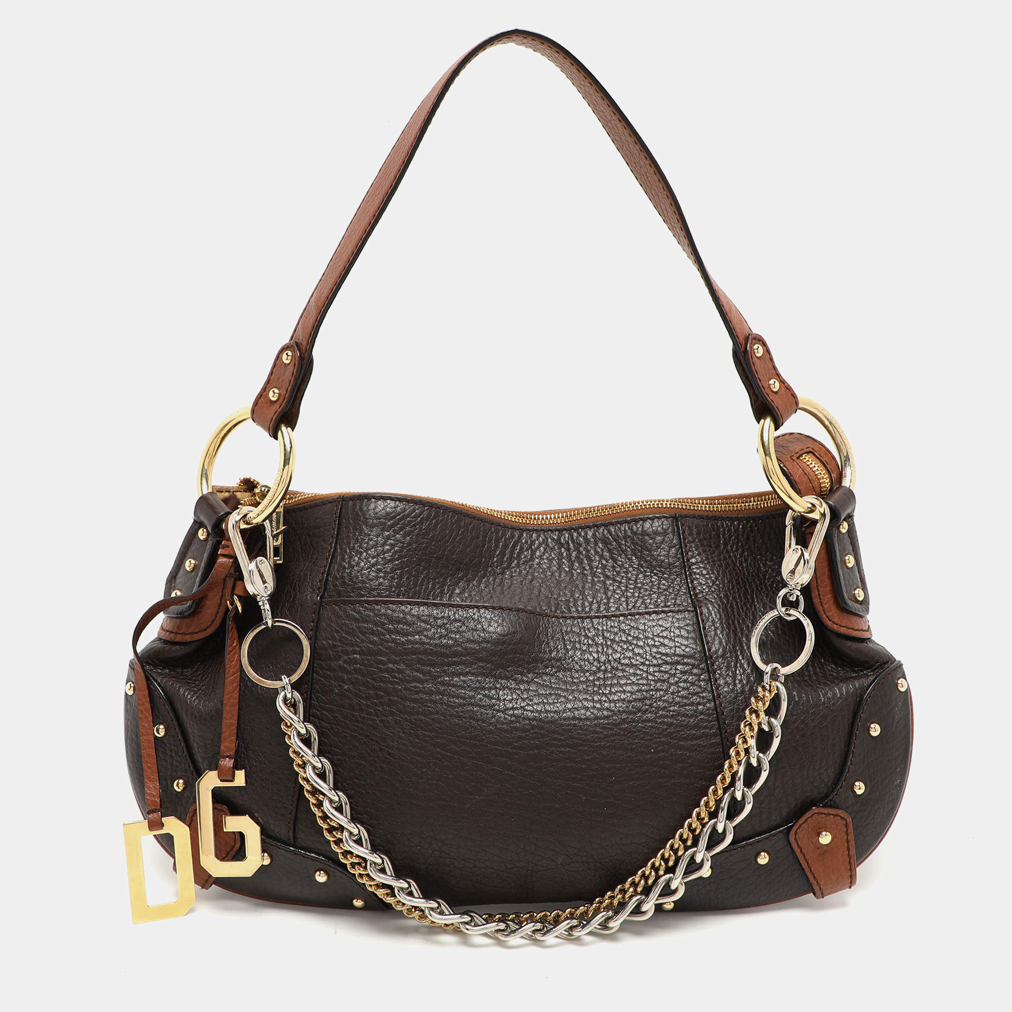 Pre Owned Dolce & Gabbana Brown Leather Multi Chain Shoulder Bag