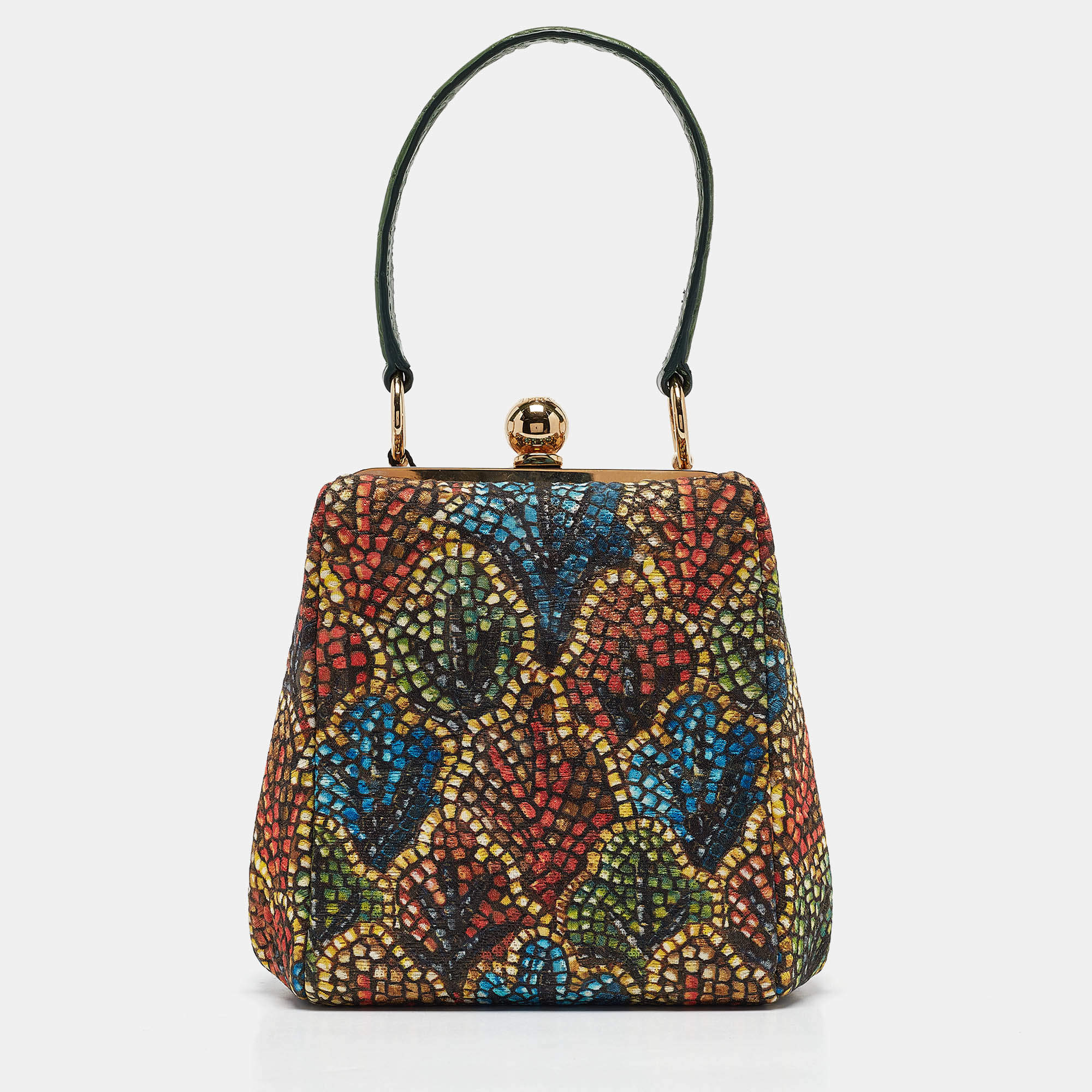 Pre Owned Dolce & Gabbana Multicolor Printed Fabric and Crocodile Frame Top Handle Bag