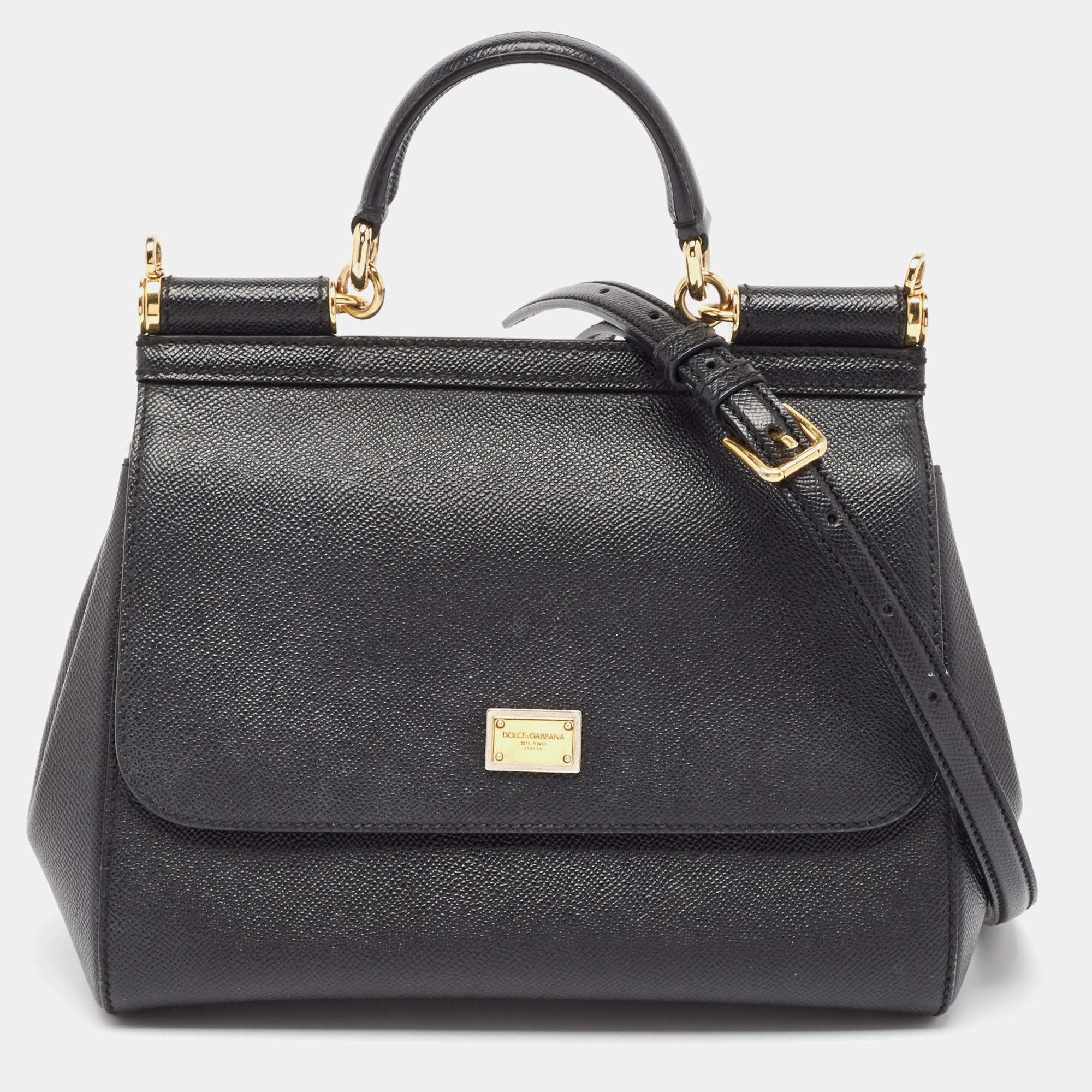 Pre Owned Dolce & Gabbana Black Leather Medium Miss Sicily Top Handle Bag