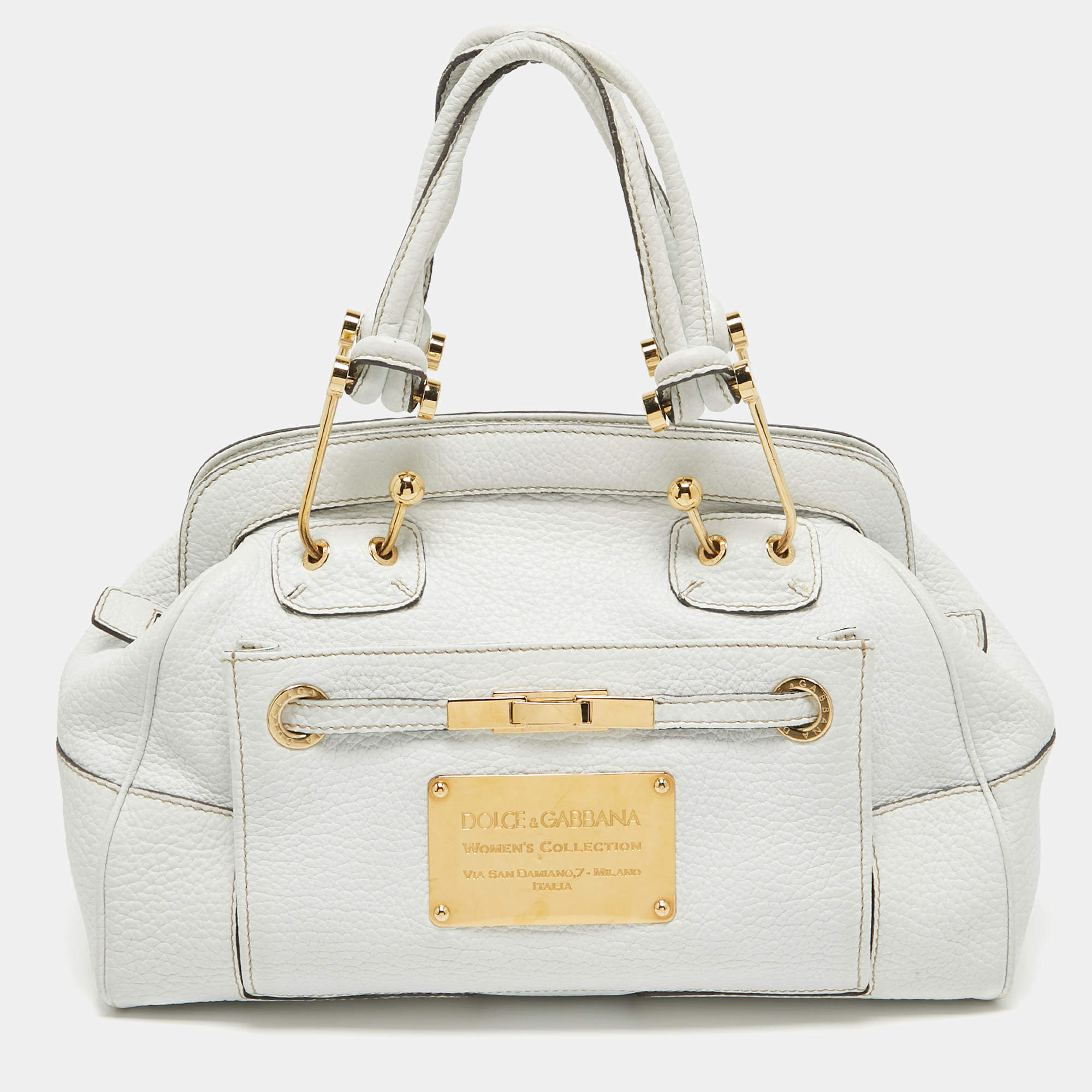Pre Owned Dolce & Gabbana White Leather Logo Frame Satchel