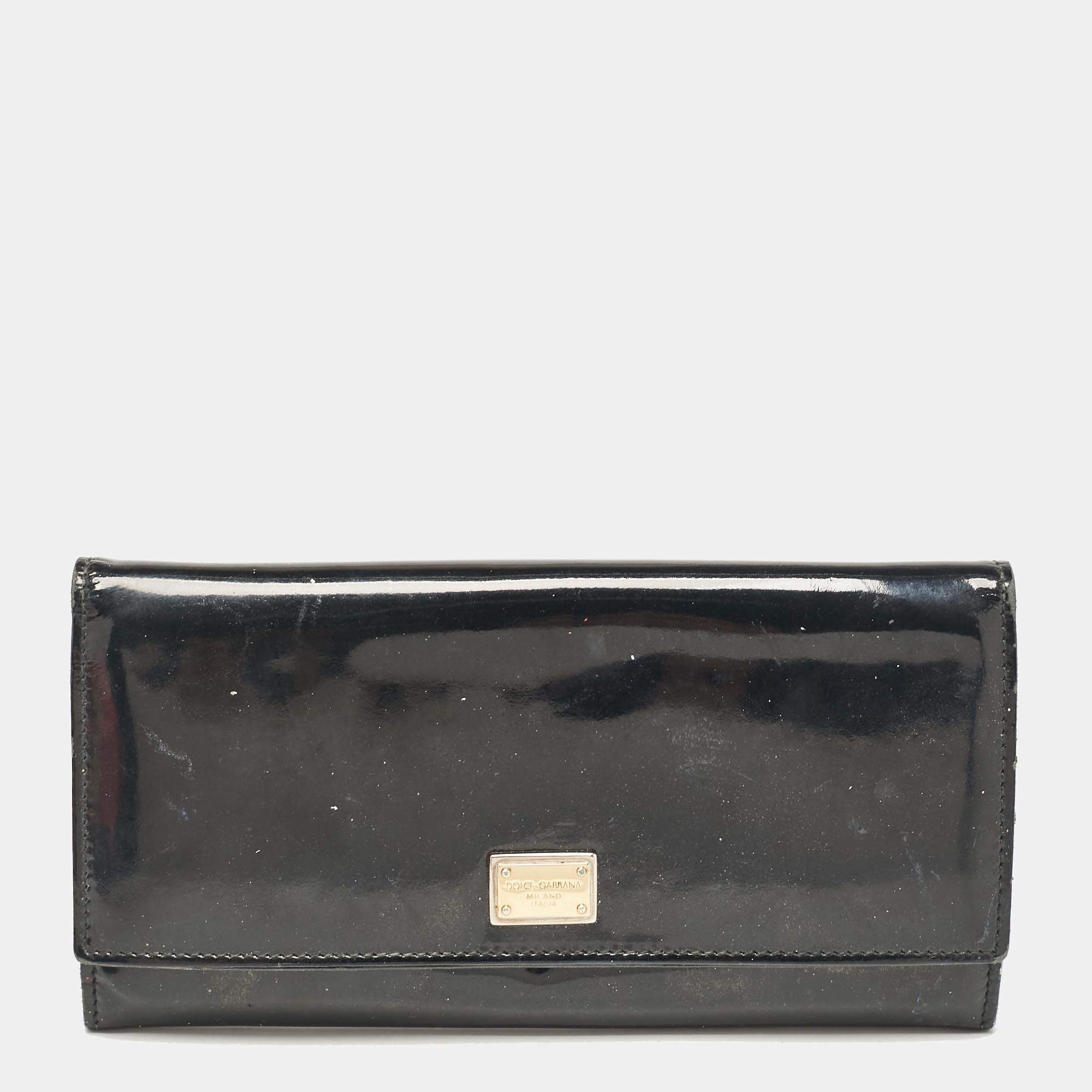 Dolce & Gabbana Black Patent Leather Logo Flap Continental Wallet