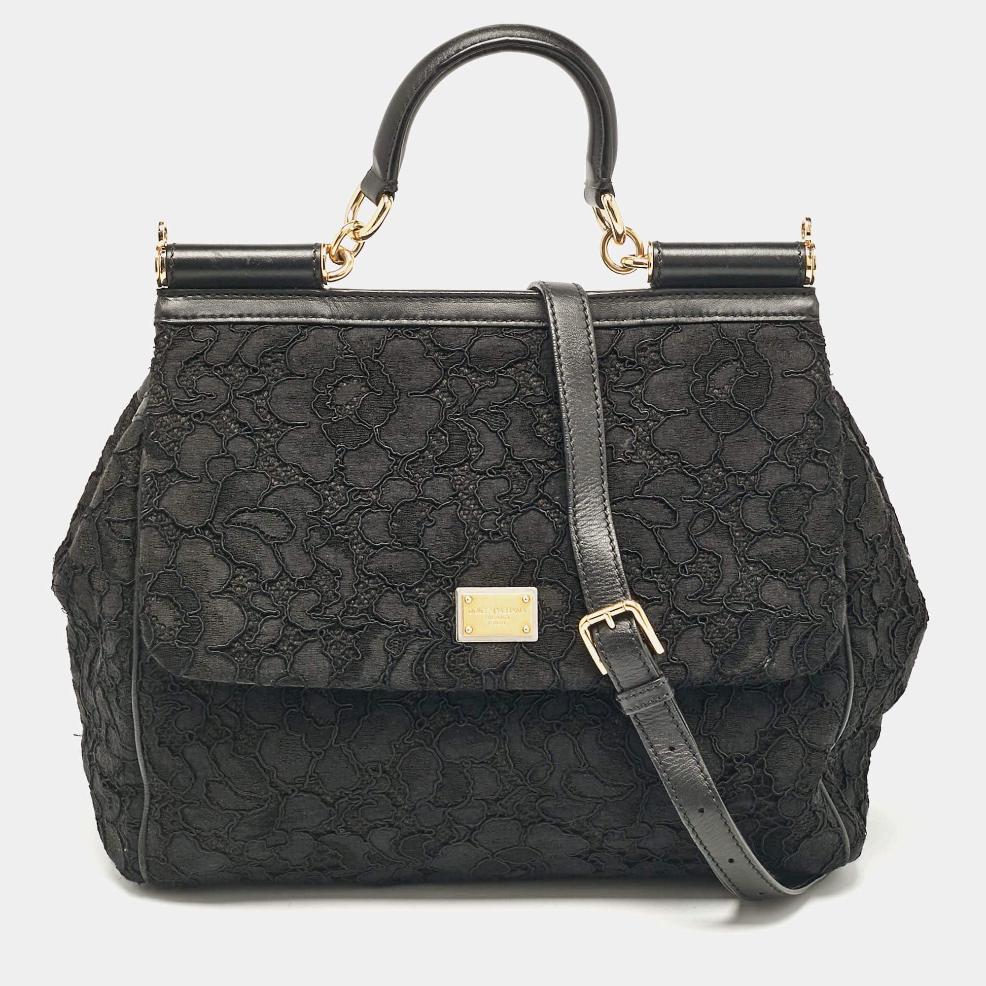 Pre Owned Dolce & Gabbana Black Lace Fabric Large Miss Sicily Top Handle Bag