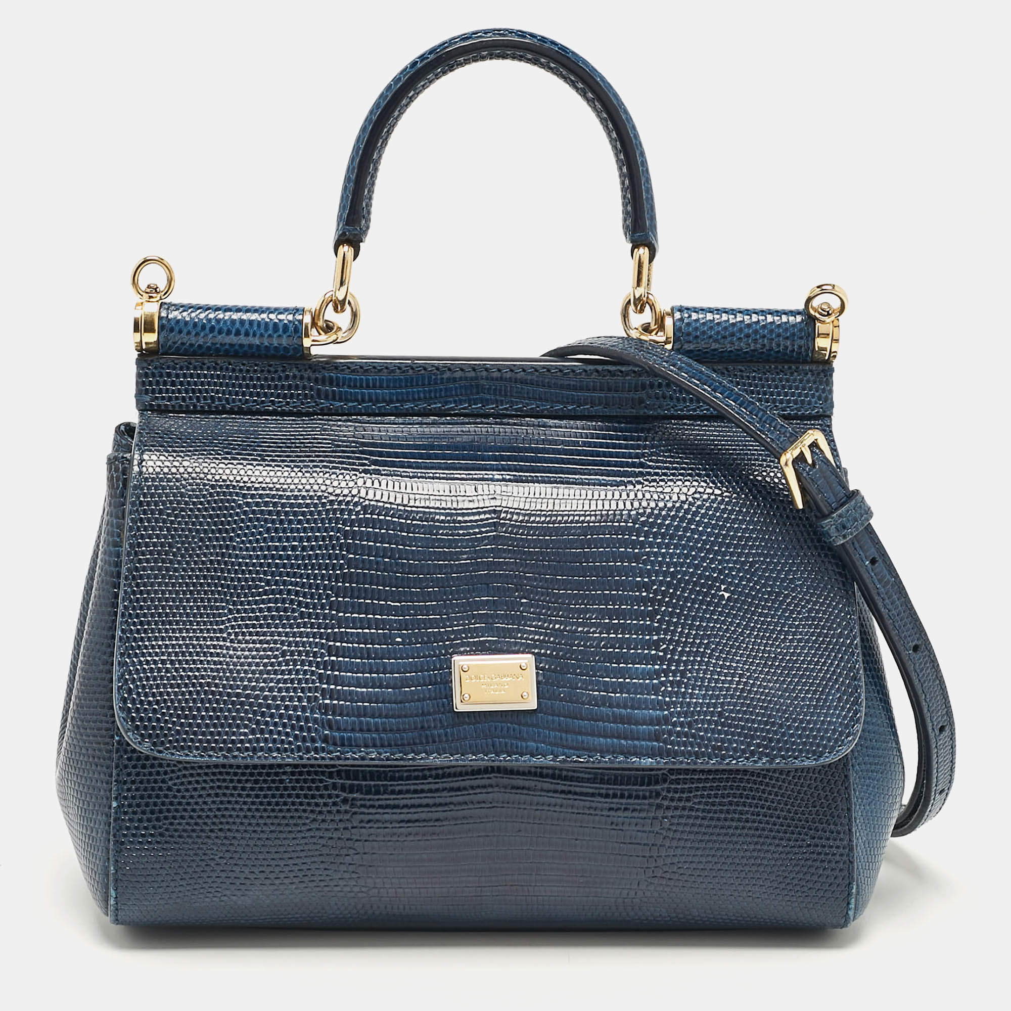 Dolce & Gabbana Blue Lizard Embossed Leather Small Miss Sicily Top Handle Bag