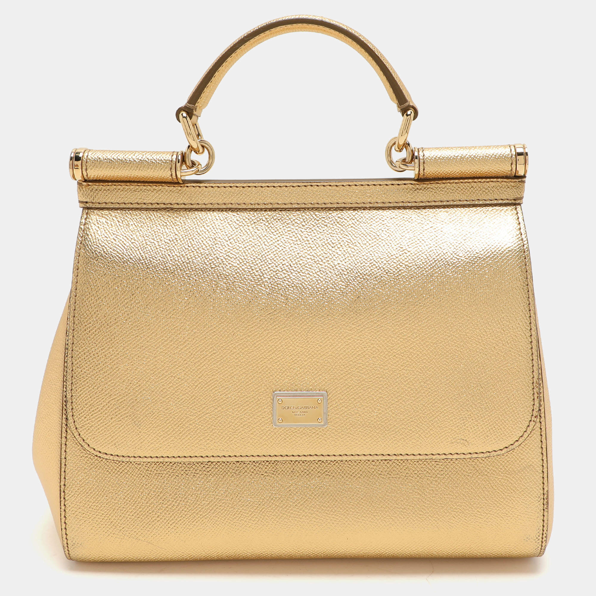 Pre Owned Dolce & Gabbana Gold Leather Medium Miss Sicily Top Handle Bag
