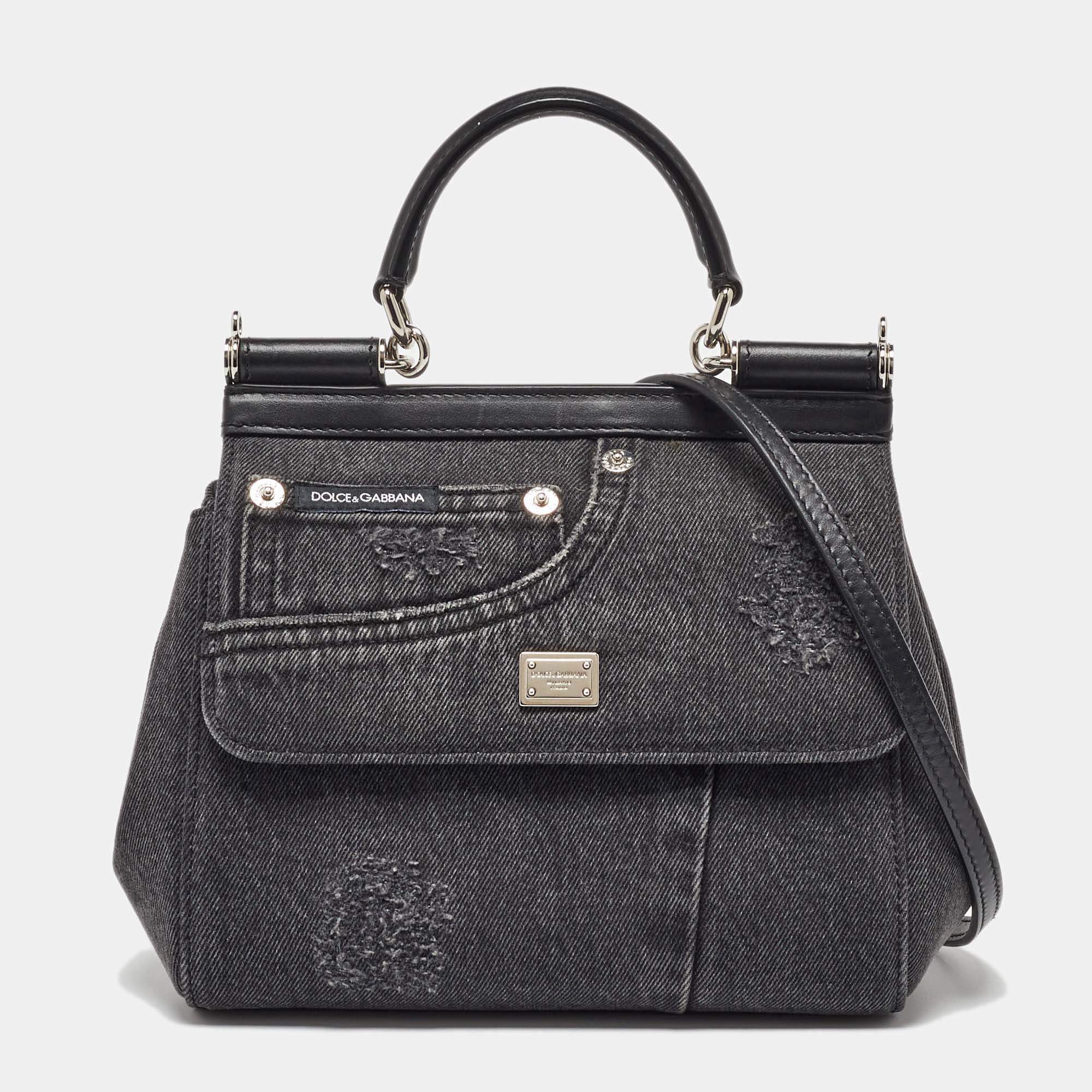Pre Owned Dolce & Gabbana Black Patchwork Distressed Denim Medium Sicily Top Handle Bag