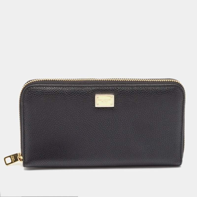 Pre Owned Dolce & Gabbana Black Leather Zip Continental Wallet