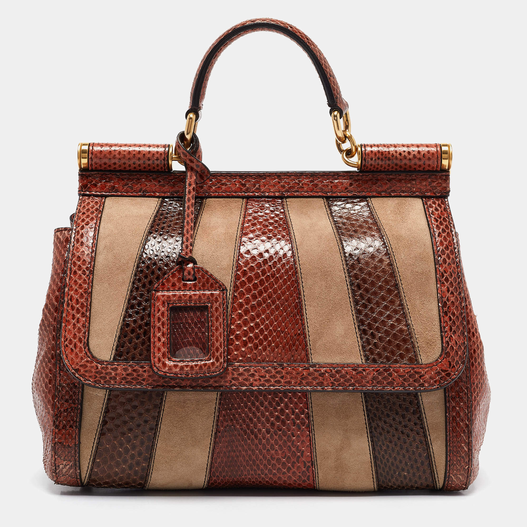 Pre Owned Dolce & Gabbana Multicolor Suede and Python Stripe Miss Sicily Top Handle Bag