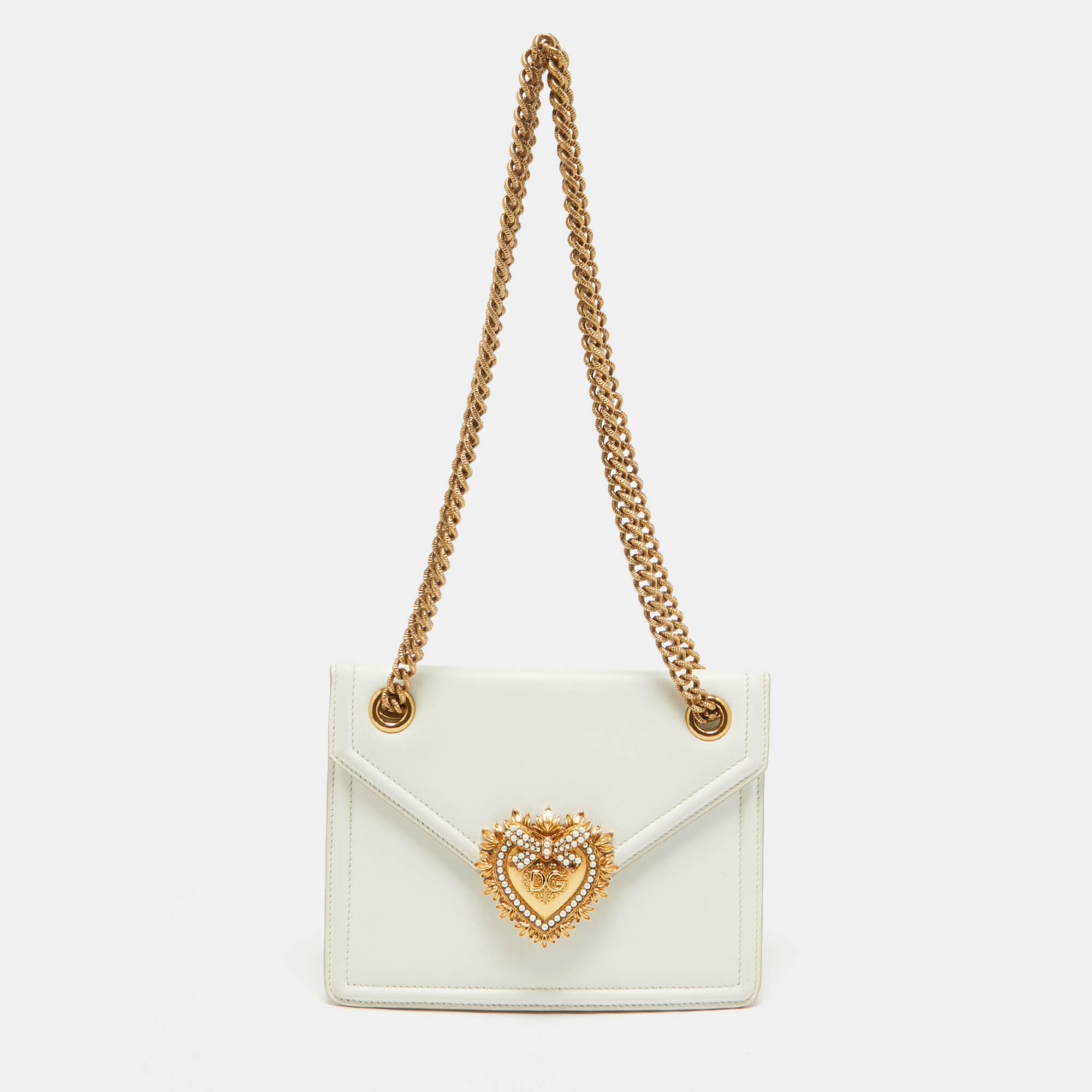 Pre Owned Dolce & Gabbana White Leather Devotion Chain Shoulder Bag