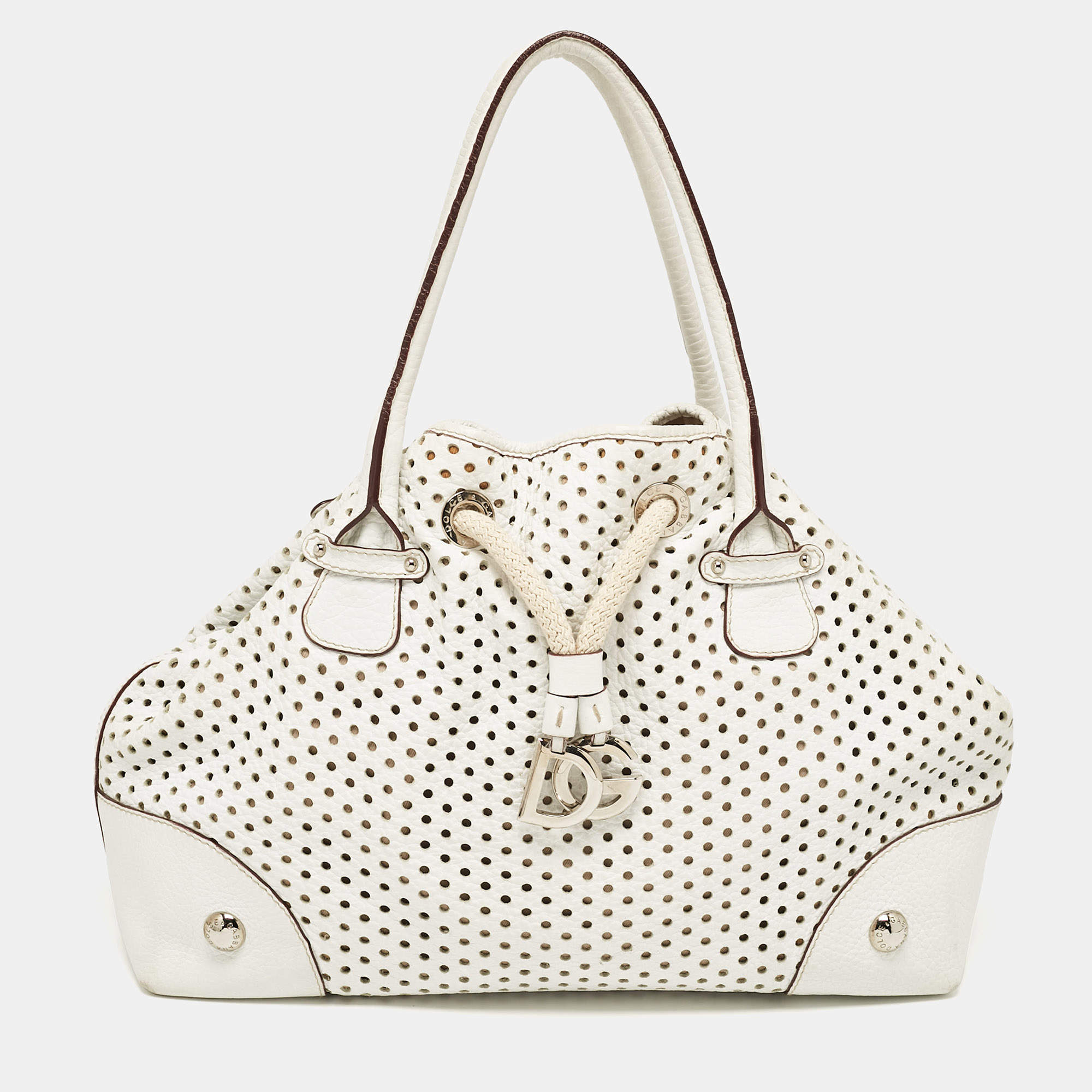 مملوكة مسبقًا Dolce & Gabbana White Perforated Leather Drawstring Shoulder Bag