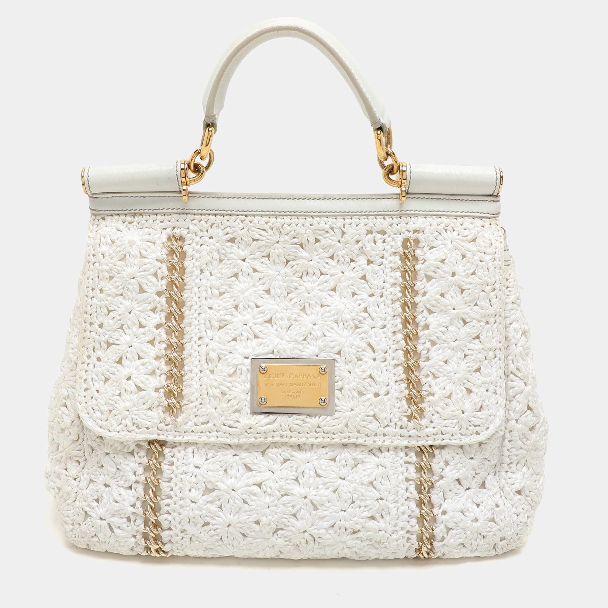 Pre Owned Dolce & Gabbana White Crochet Straw and Leather Large Miss Sicily Top Handle Bag 