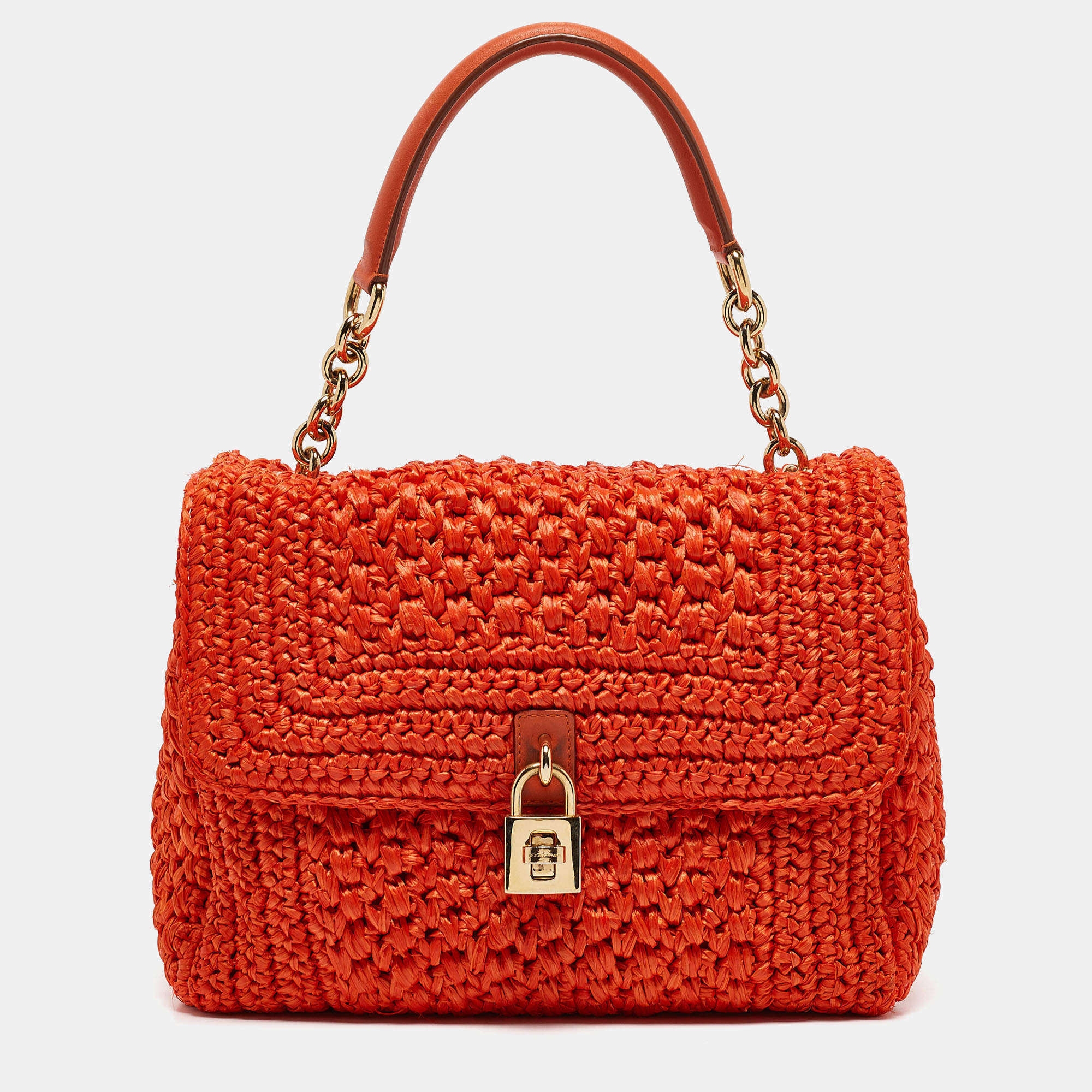 Pre Owned Dolce & Gabbana Orange Crochet Straw Padlock Top Handle Bag