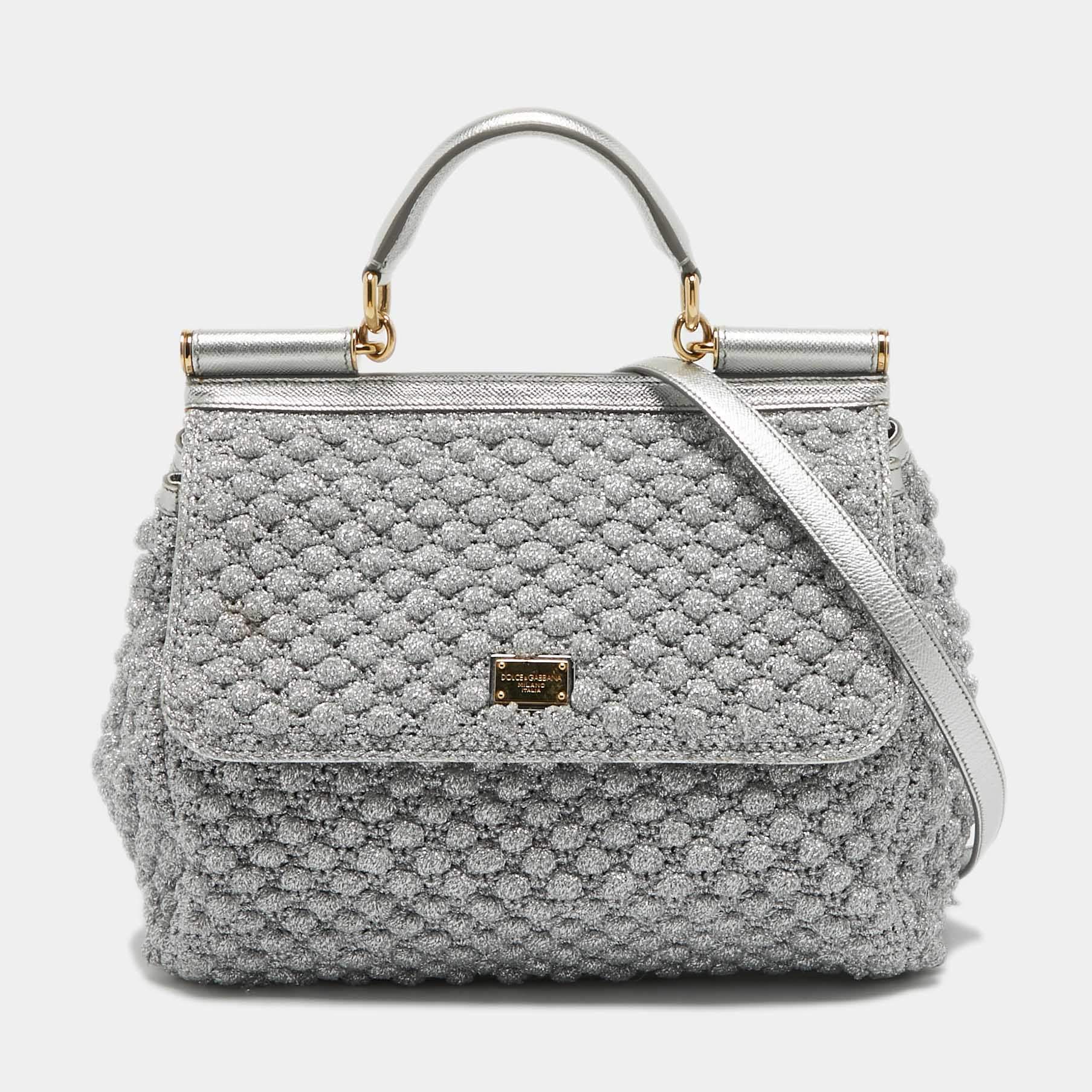 مملوكة مسبقًا Dolce & Gabbana Silver Crochet Lurex Fabric and Leather Large Miss Sicily Top Handle Bag
