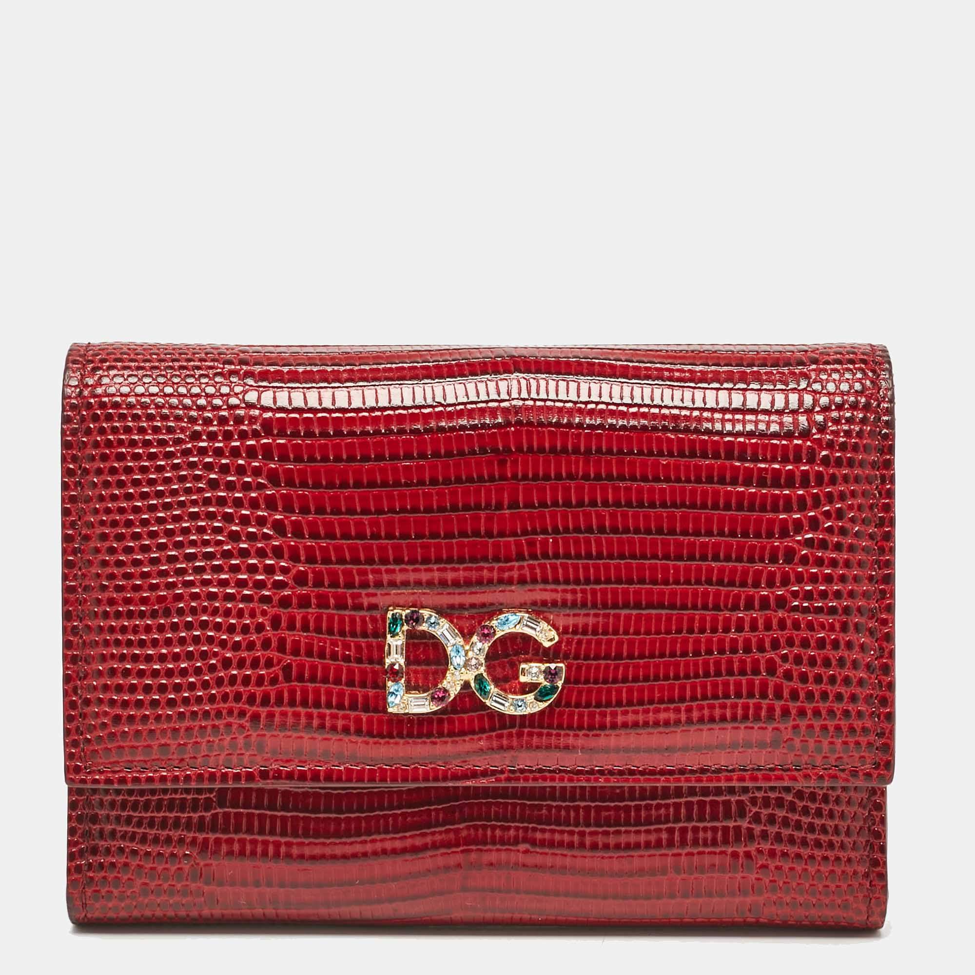 Pre Owned Dolce & Gabbana Red Lizard Embossed Leather DG Crystals Trifold Wallet