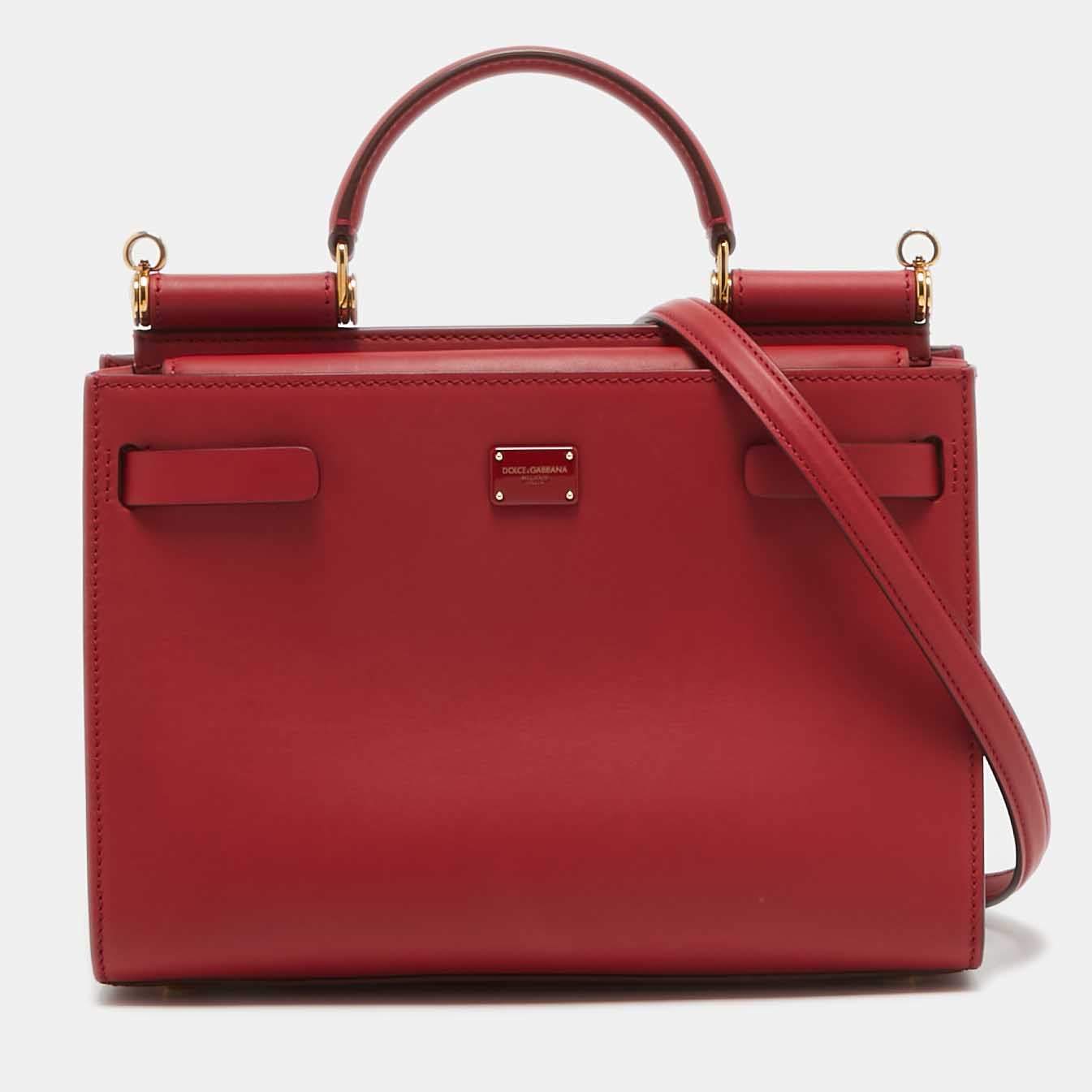 Pre Owned Dolce & Gabbana Red Leather Medium Sicily 62 Top Handle Bag
