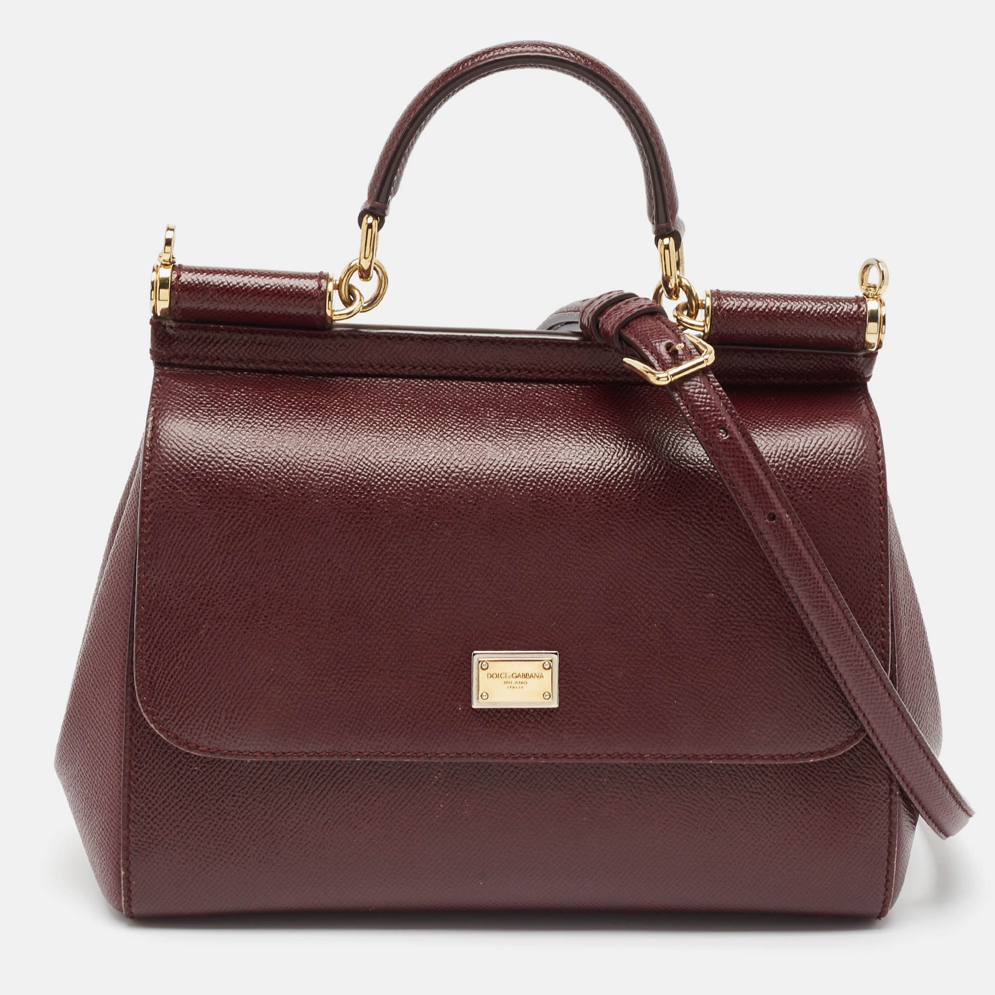 Pre Owned Dolce & Gabbana Burgundy Leather Medium Miss Sicily Top Handle Bag