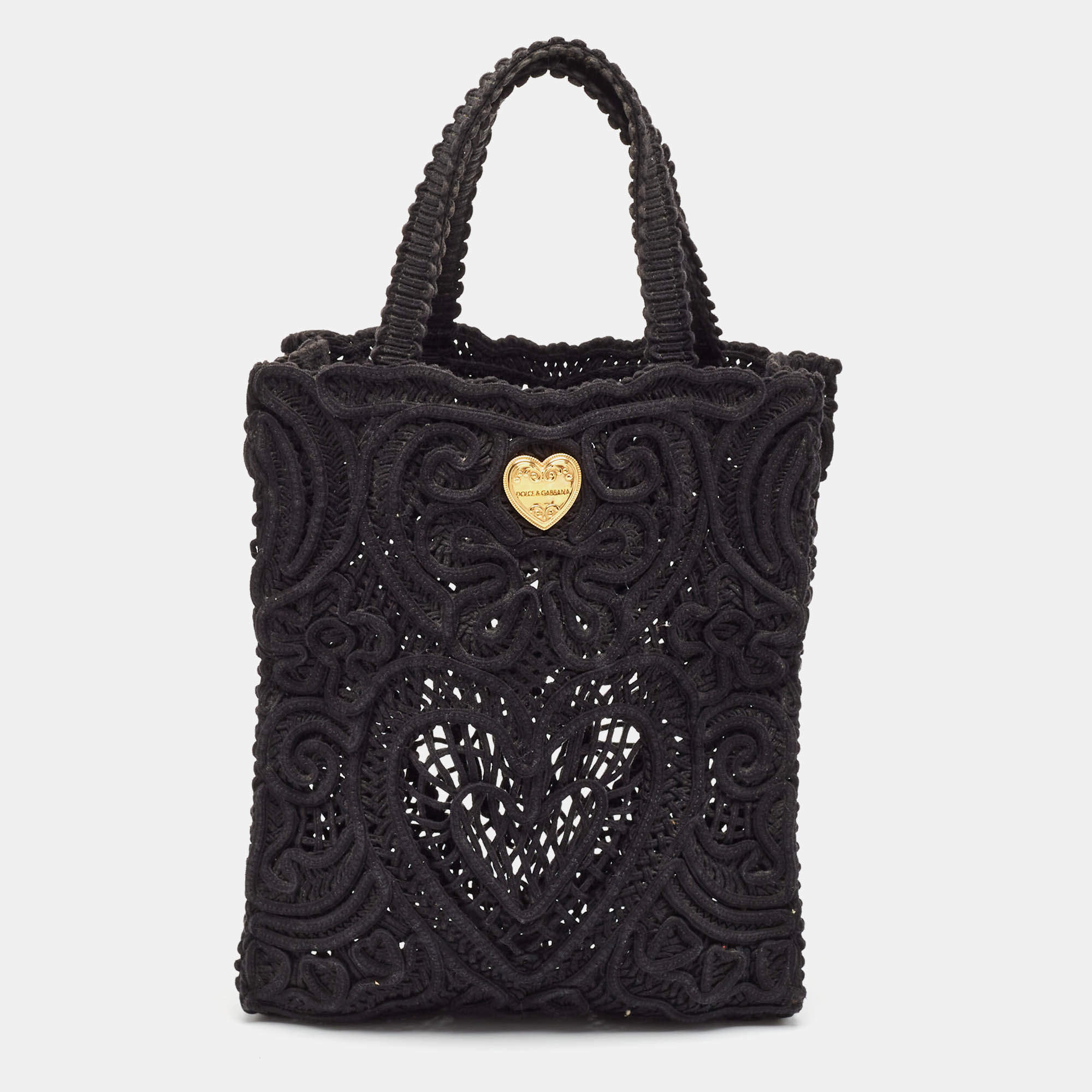 Pre Owned Dolce & Gabbana Black Crochet Fabric Small Beatrice Tote