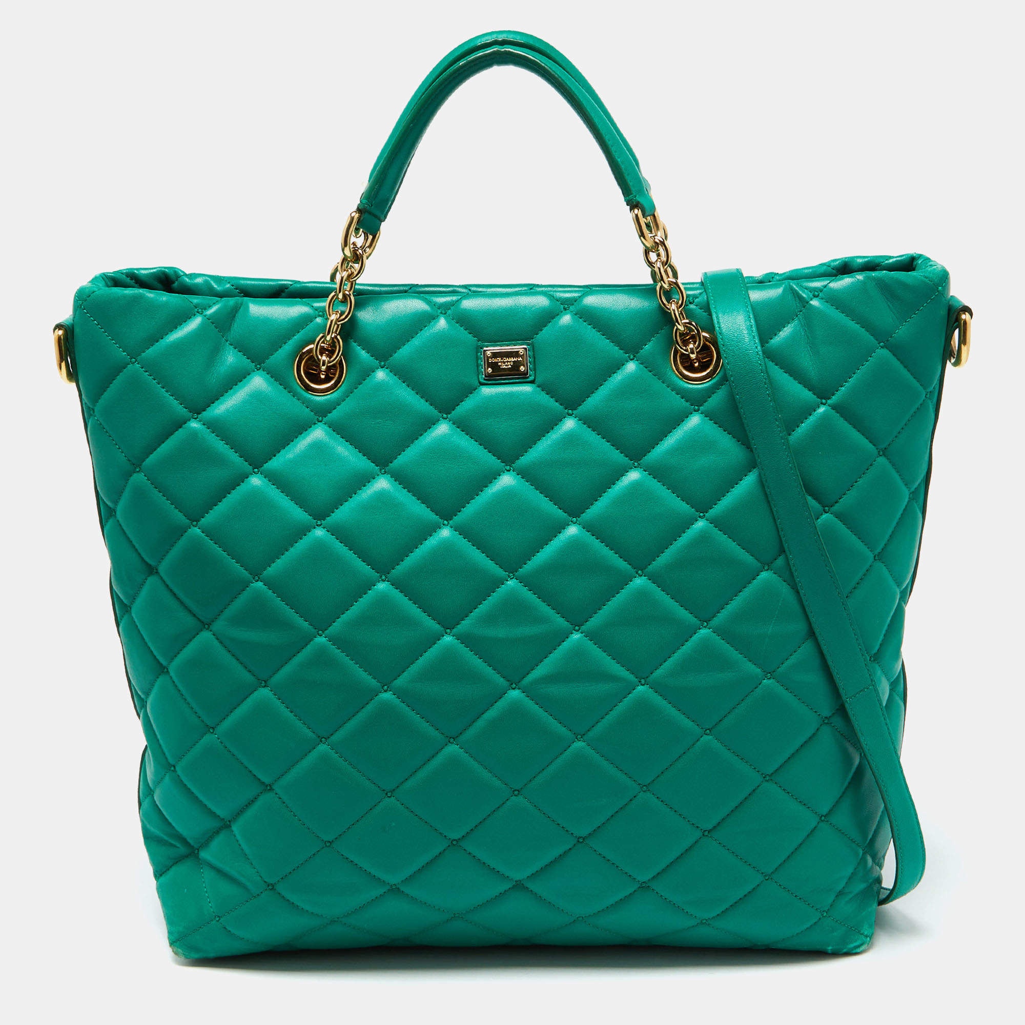 Pre Owned Dolce & Gabbana Green Quilted Leather Chain Shopper Tote