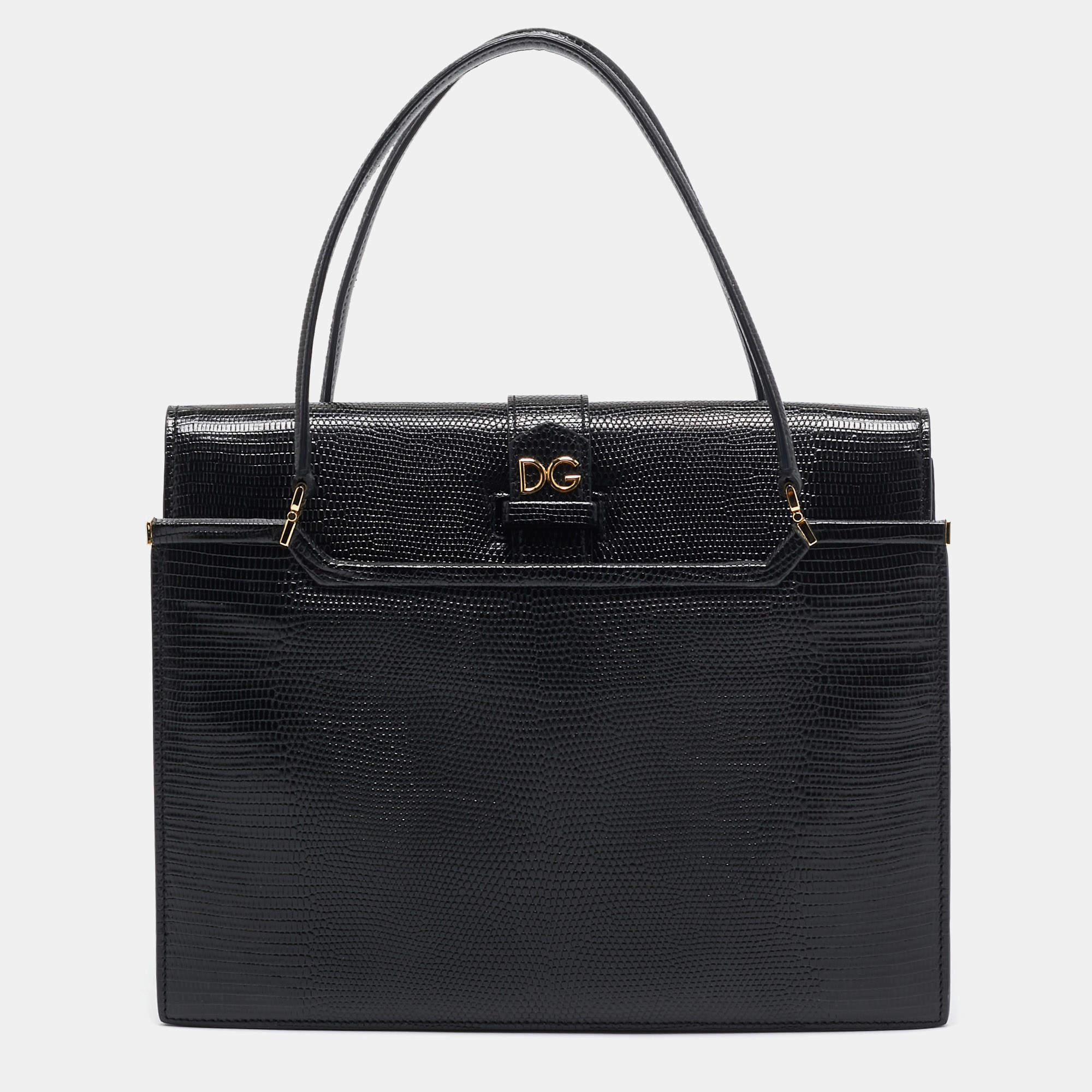 Dolce & Gabbana Black Lizard Embossed Leather Ingrid Tote