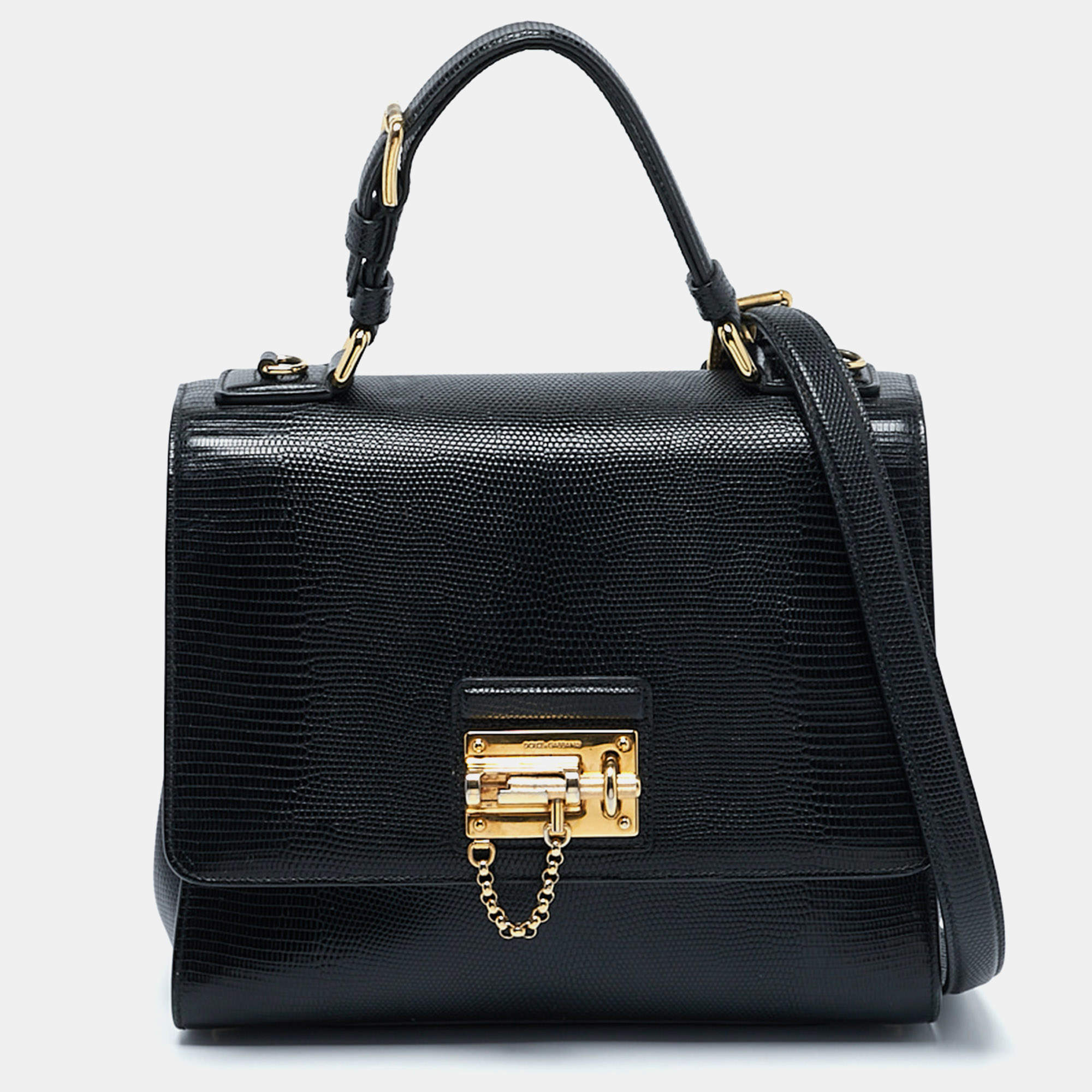 Pre Owned Dolce & Gabbana Black Lizard Embossed Leather Medium Miss Monica Top Handle Bag