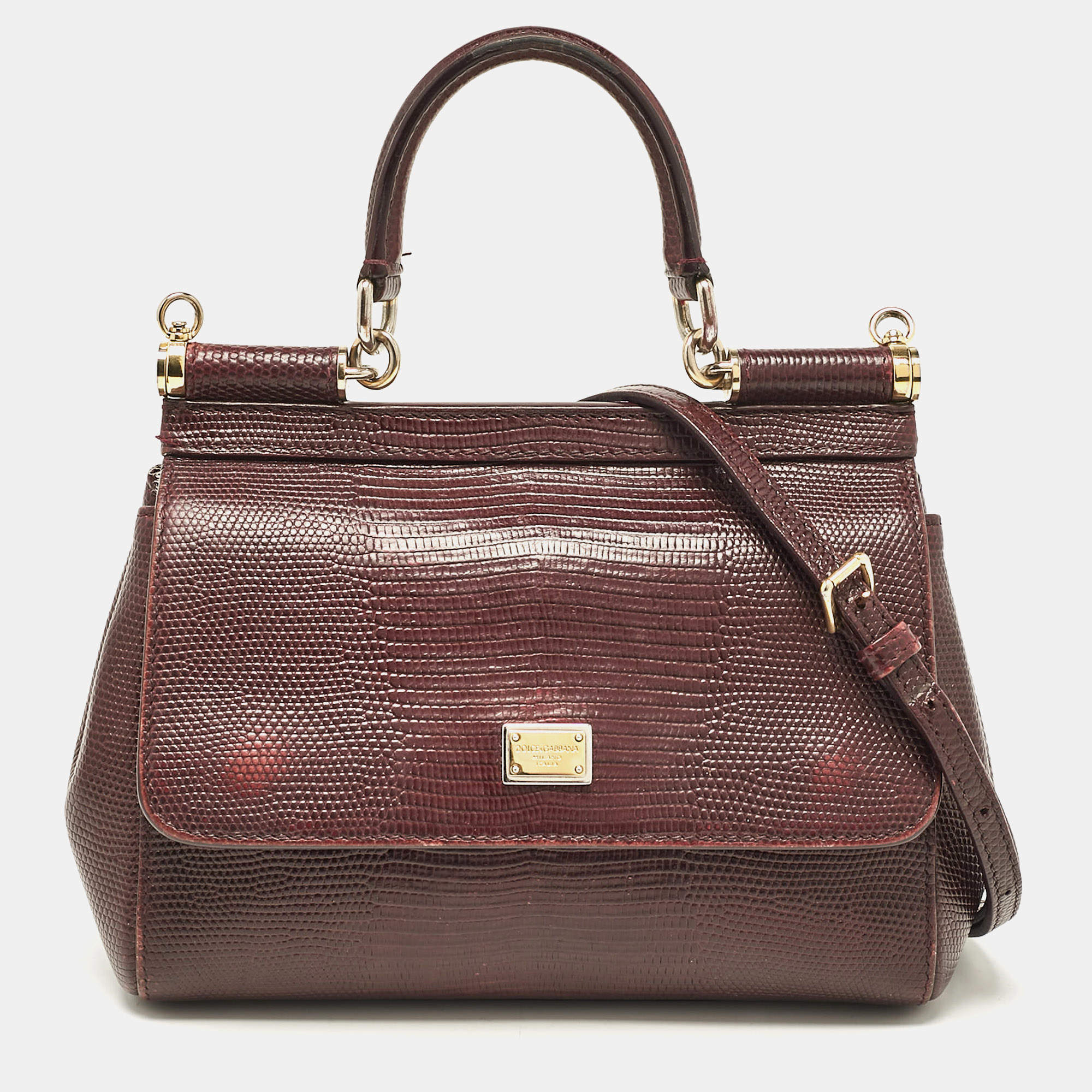 Dolce & Gabbana Burgundy Lizard Embossed Leather Small Miss Sicily Top Handle Bag