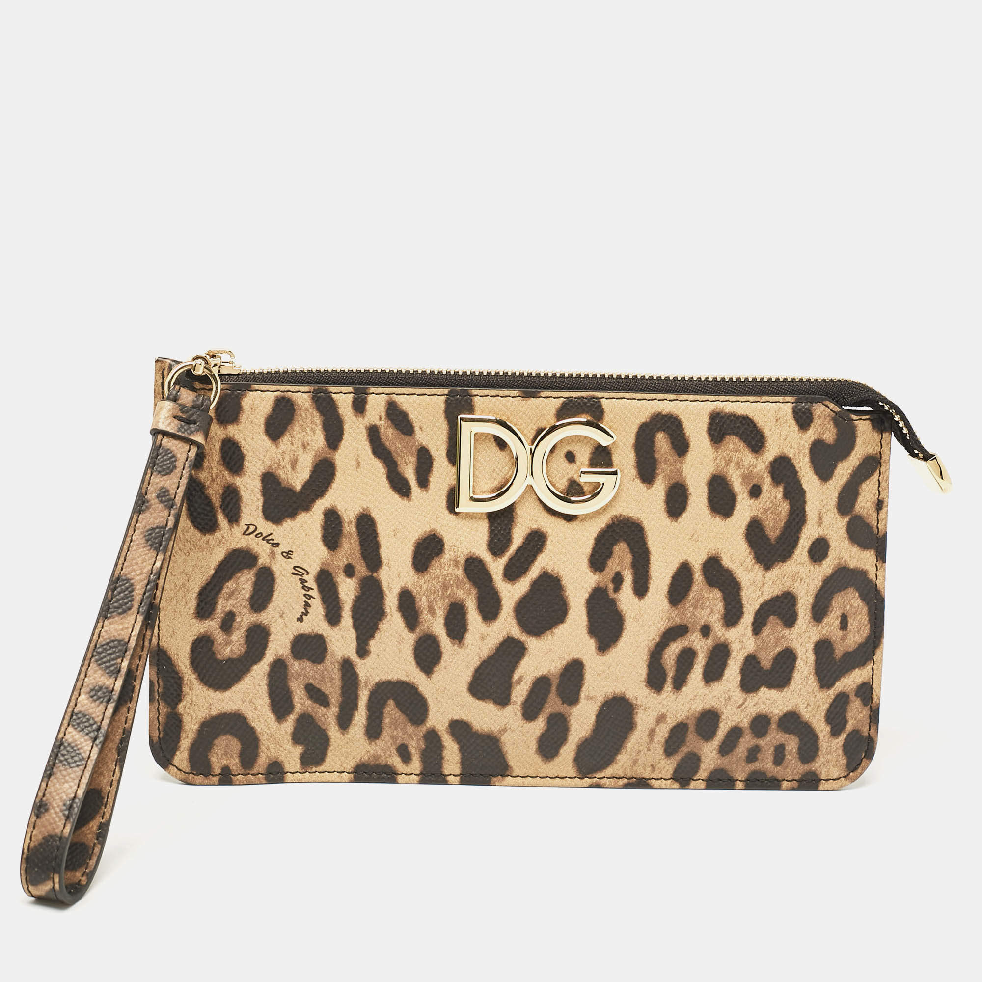 Dolce & Gabbana Brown/Black Leopard Print Coated Canvas Wristlet Clutch