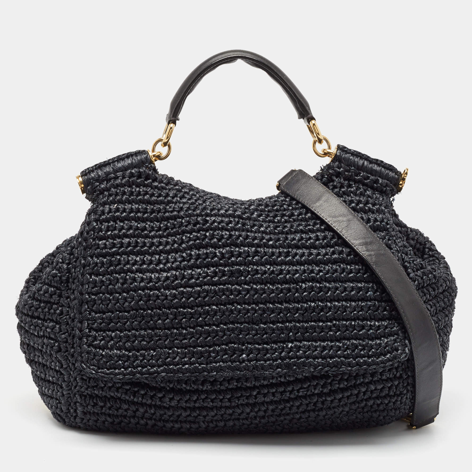 Dolce & Gabbana Black Crochet Straw and Leather Large Miss Sicily Top Handle Bag
