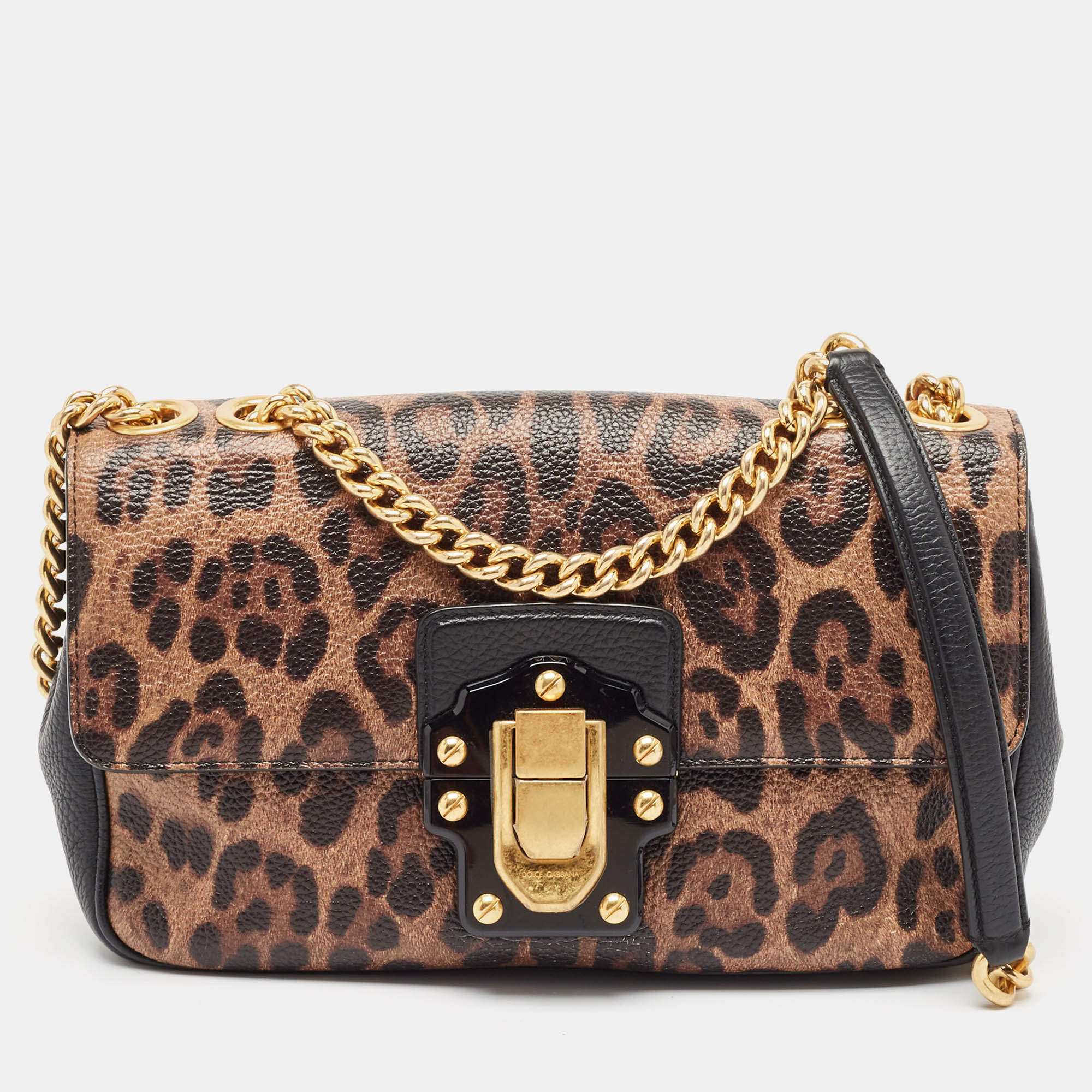 Dolce & Gabbana Black/Brown Leopard Print Coated Canvas and Leather Lucia Shoulder Bag