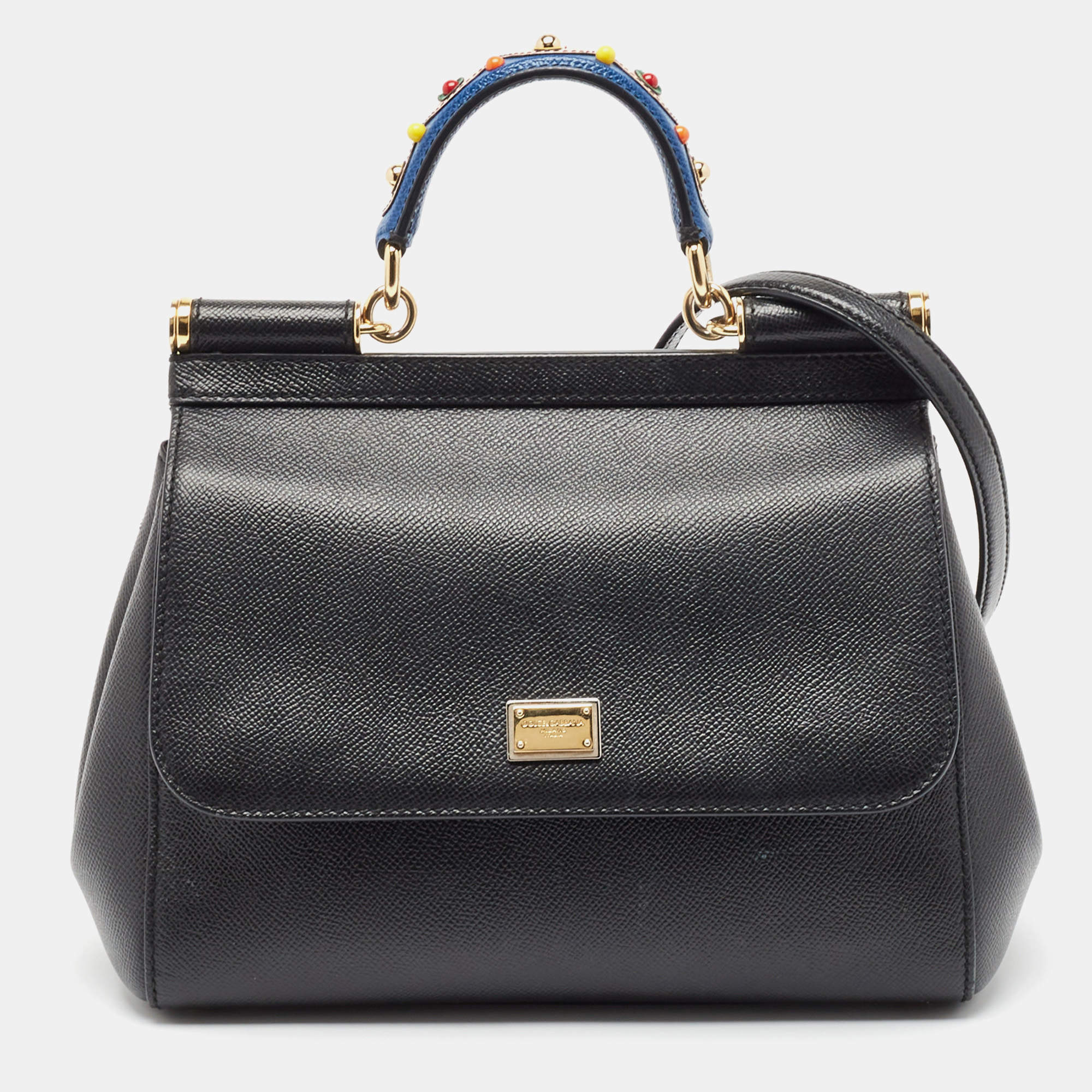 Pre Owned Dolce & Gabbana Black Leather Medium Studded Miss Sicily Top Handle Bag