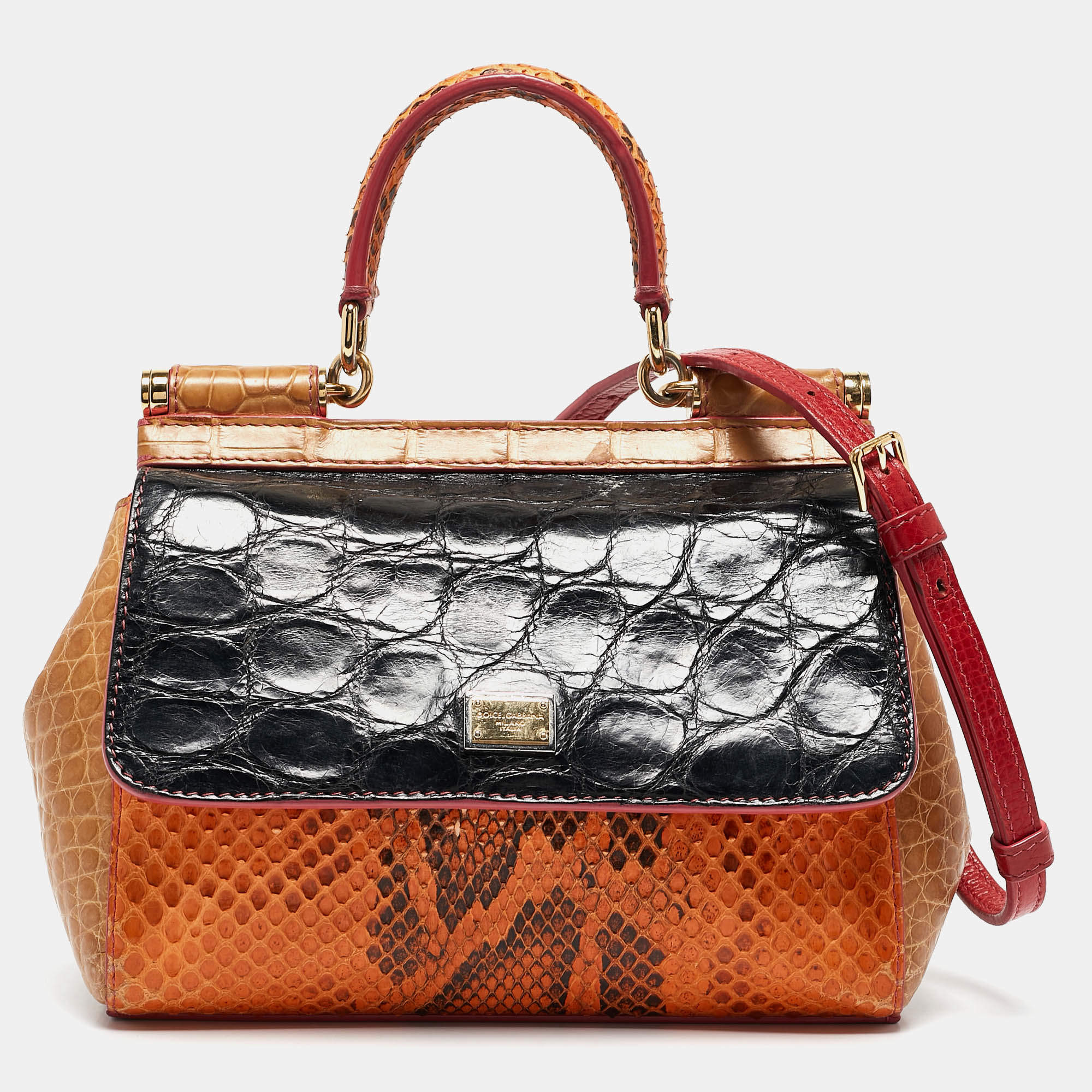 Pre Owned Dolce & Gabbana Multicolor Python, Croc and Leather Small Miss Sicily Top Handle Bag