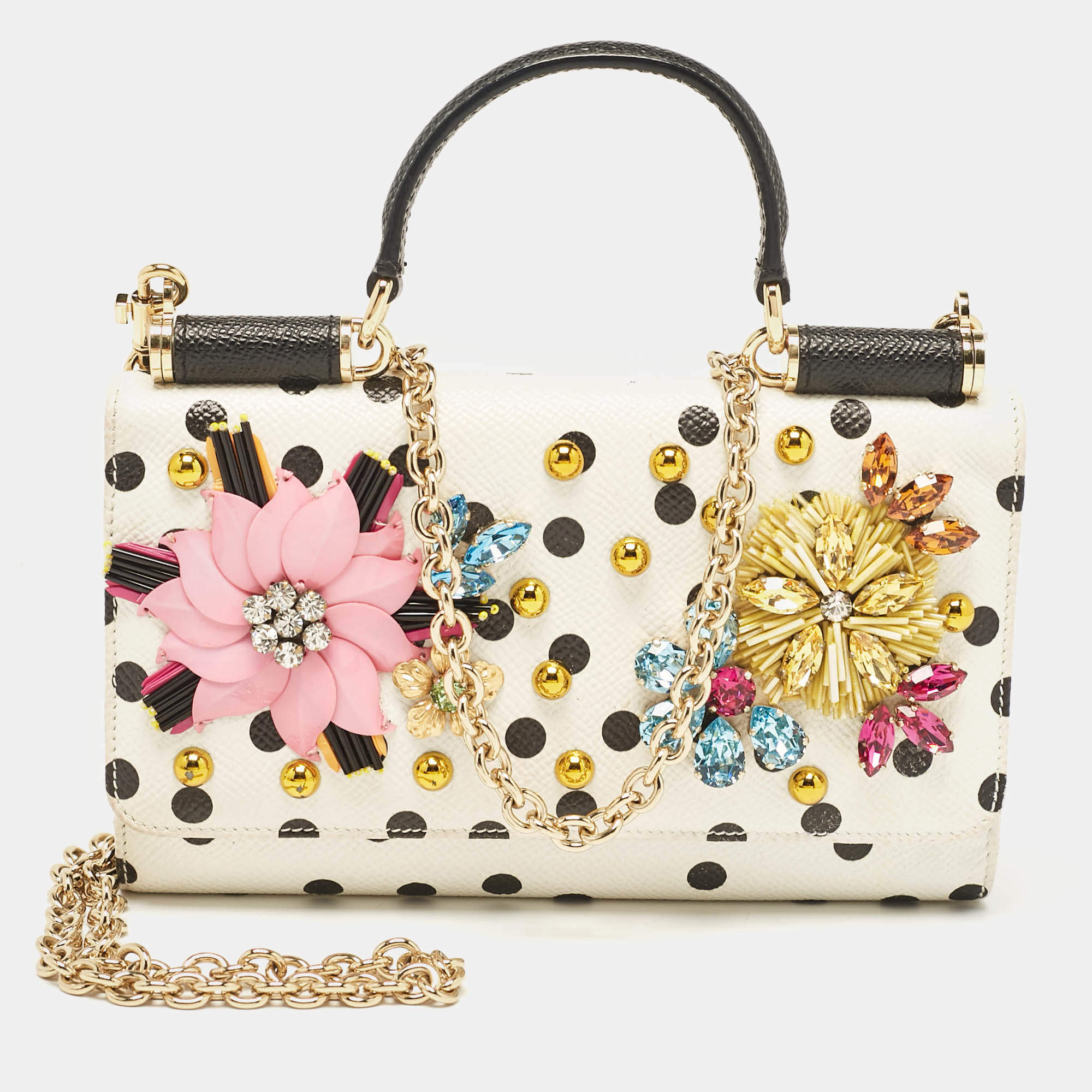 مملوكة مسبقًا Dolce & Gabbana White/Black Polka Dot Print Leather Miss Sicily Von Embellished Wallet on Chain