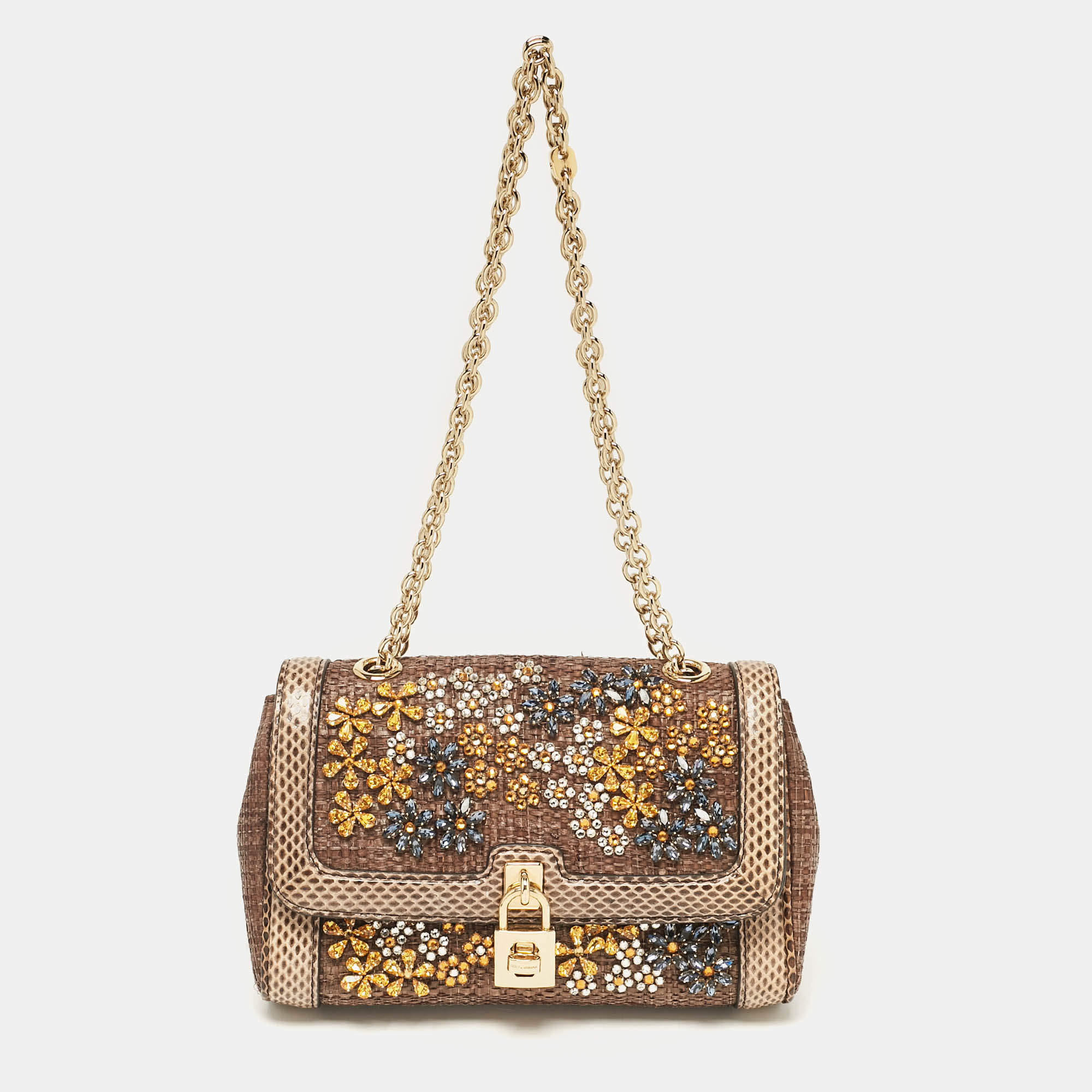 Dolce & Gabbana Brown Raffia and Snakeskin Crystals Embellished Padlock Shoulder Bag