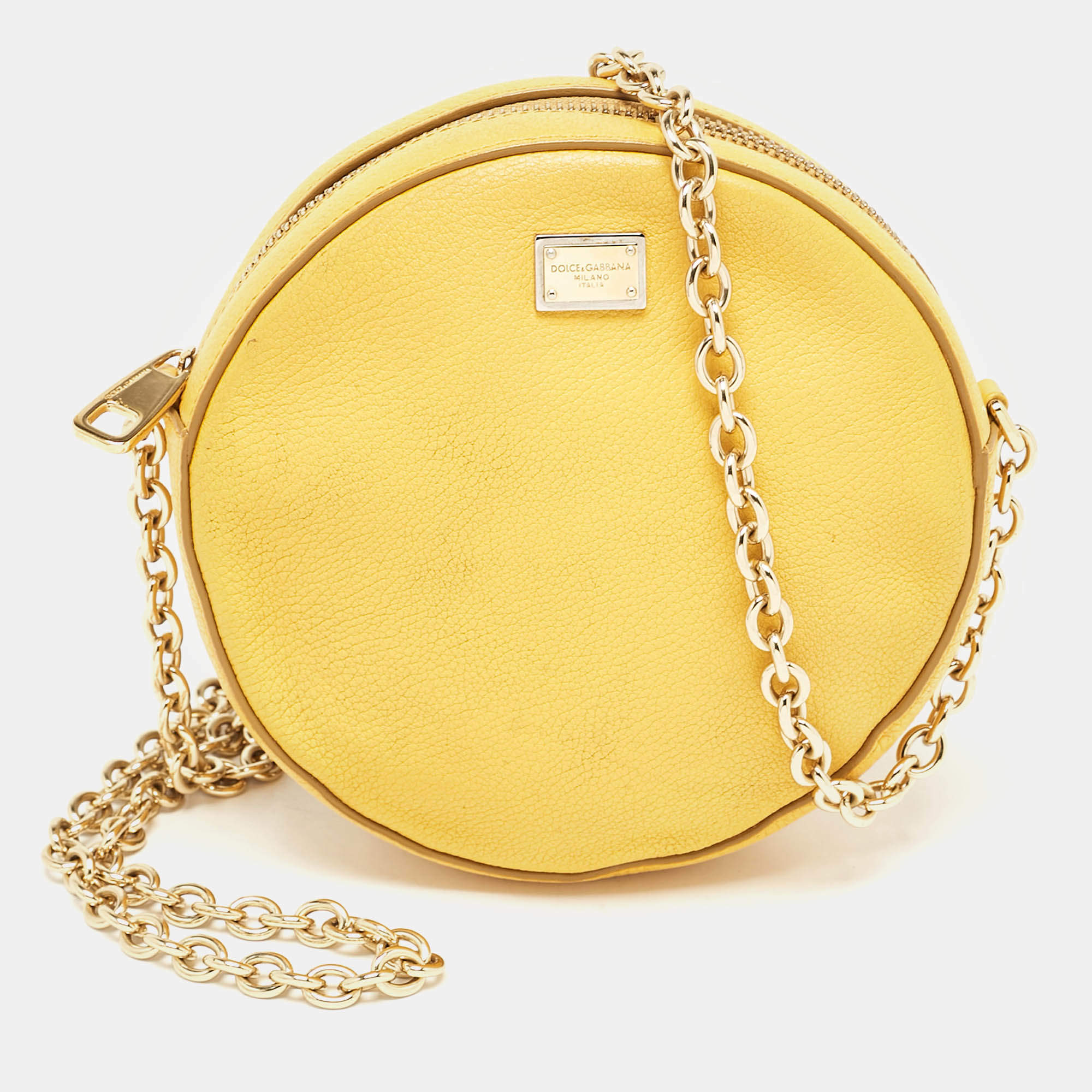 Pre Owned Dolce & Gabbana Yellow Leather Glam Round Crossbody Bag