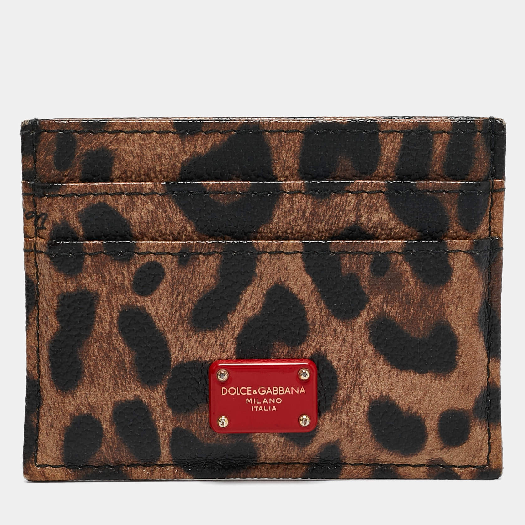 Pre Owned Dolce & Gabbana Brown Leopard Print Coated Canvas Logo Card Holder