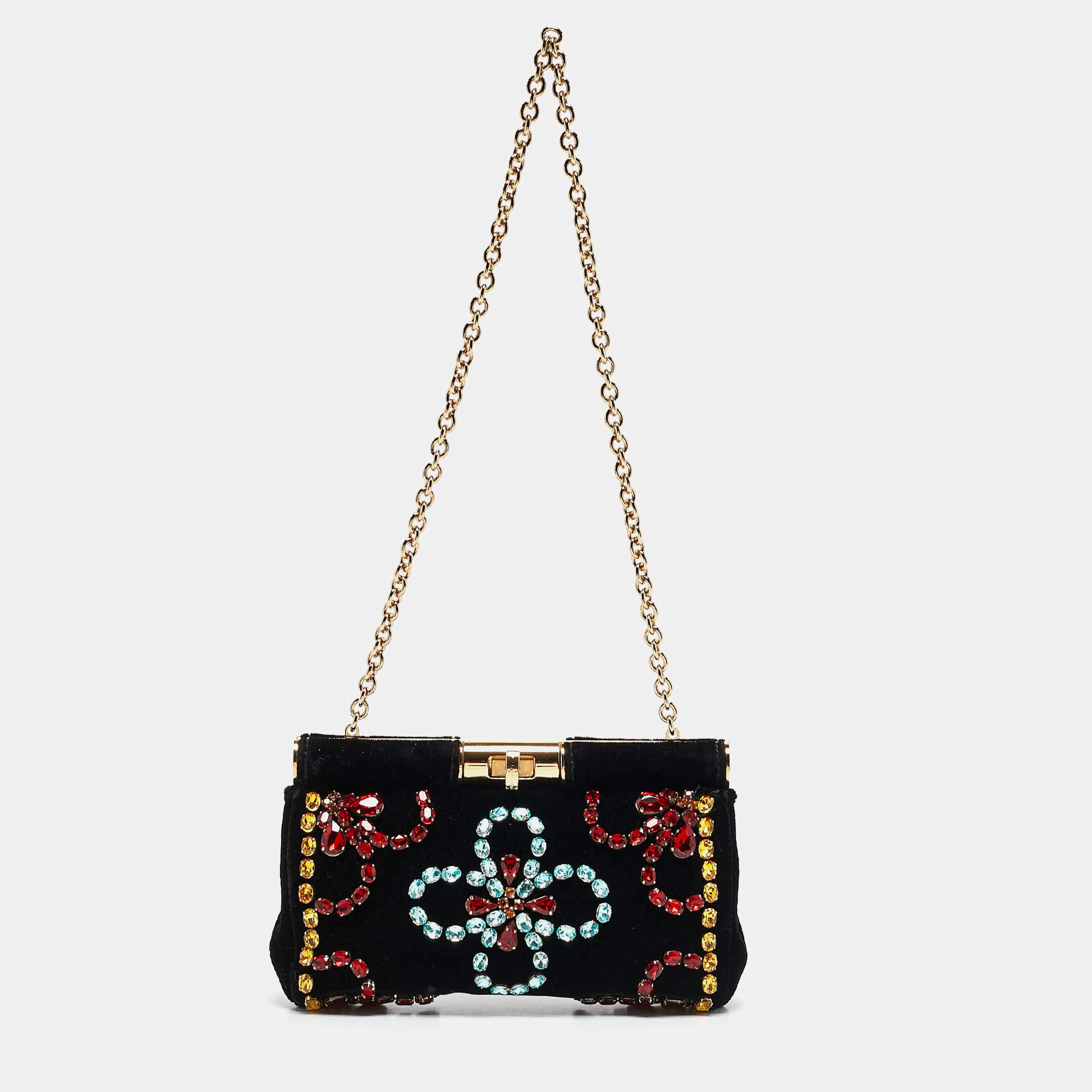 Pre Owned Dolce & Gabbana Black Velvet Crystals Embellished Frame Clutch Bag