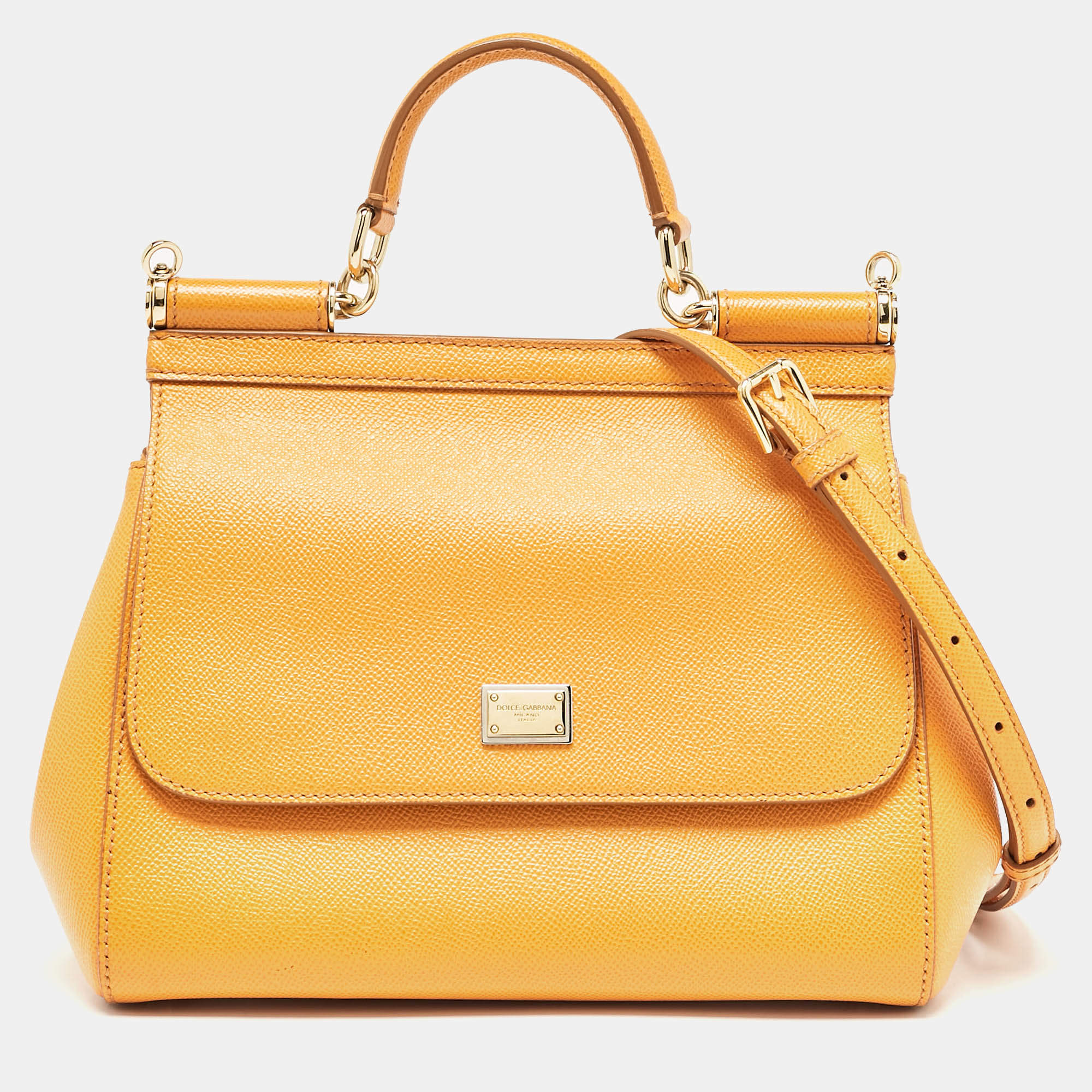 Pre Owned Dolce & Gabbana Orange Leather Medium Miss Sicily Top Handle Bag