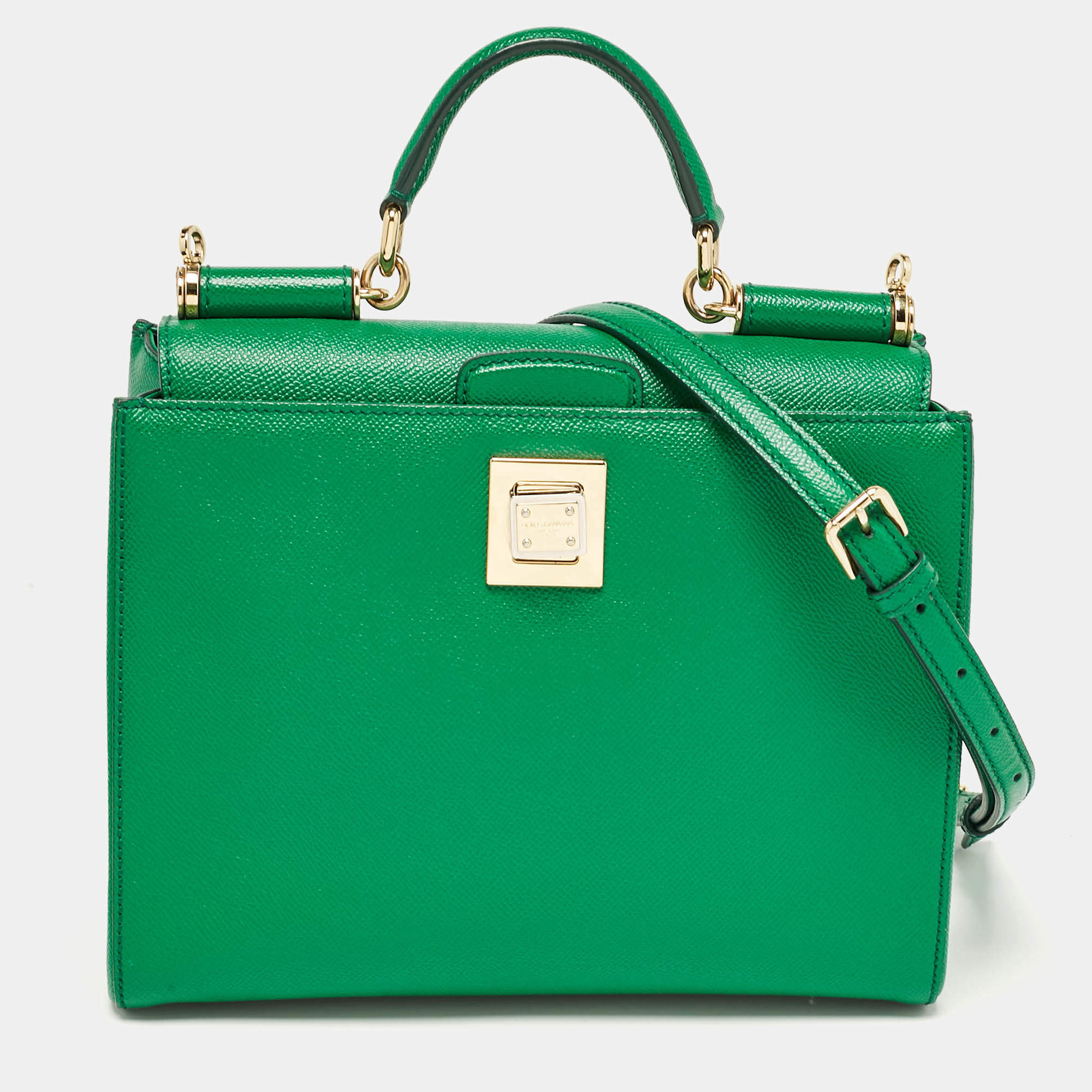 Pre Owned Dolce & Gabbana Green Leather Twist Lock Flap Top Handle Bag